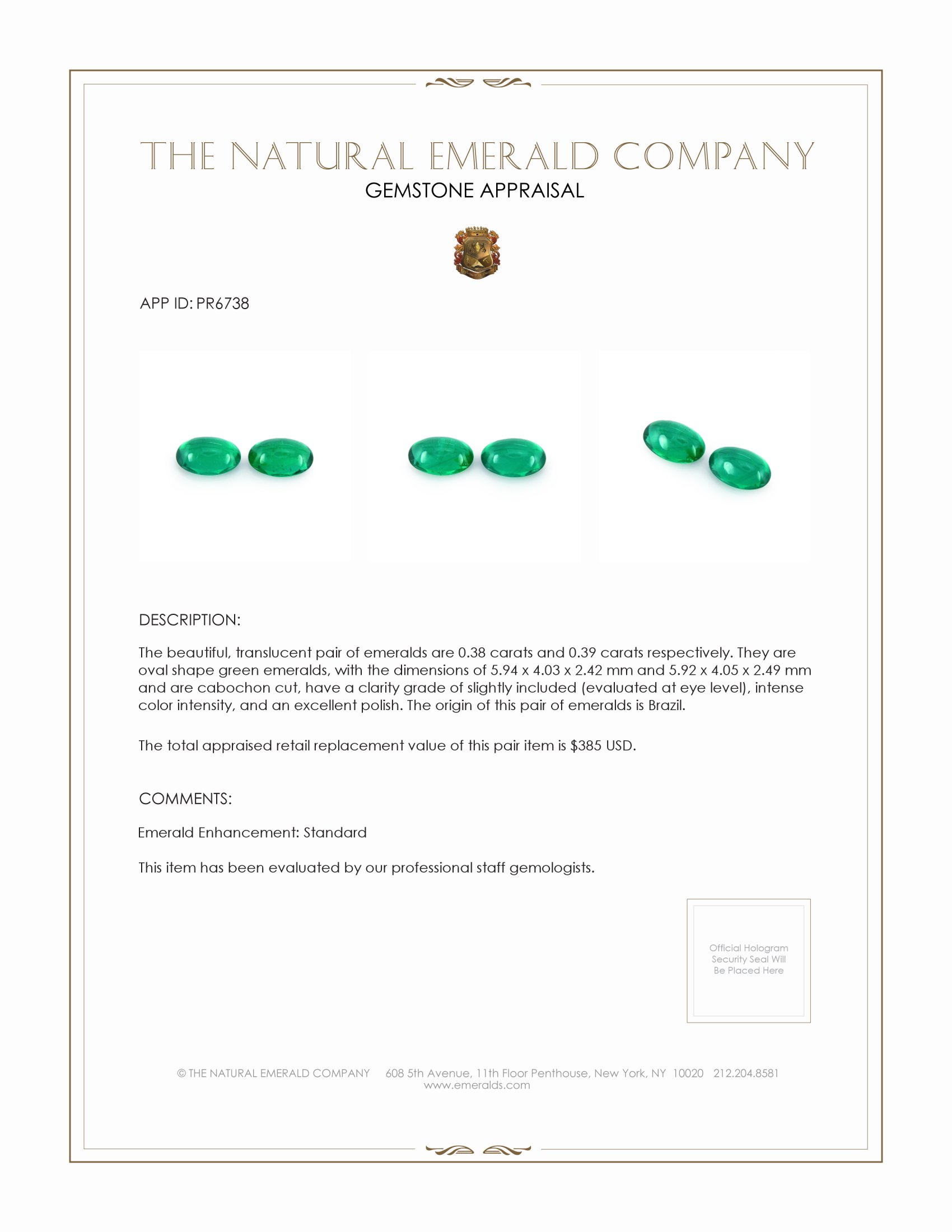 0.77 Ct.Tw. Cabochon Emerald Pair from Brazil