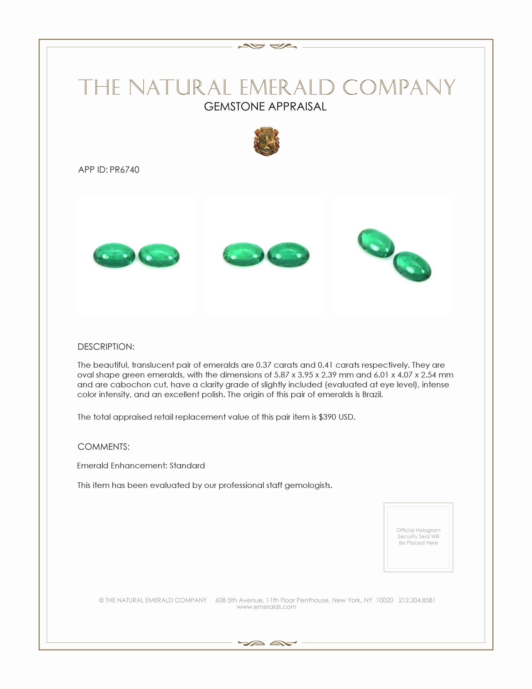 0.78 Ct.Tw. Cabochon Emerald Pair from Brazil