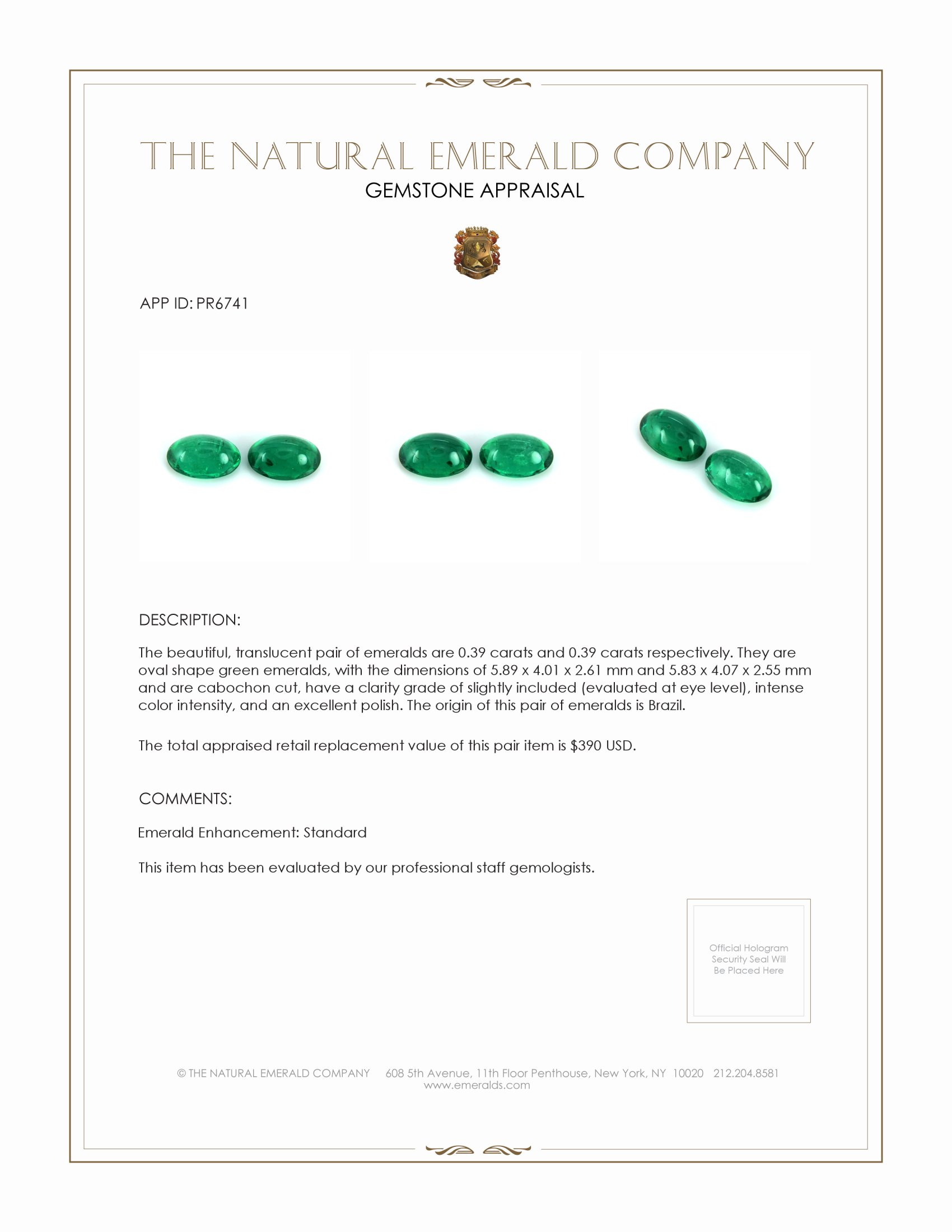 0.78 Ct.Tw. Cabochon Emerald Pair from Brazil