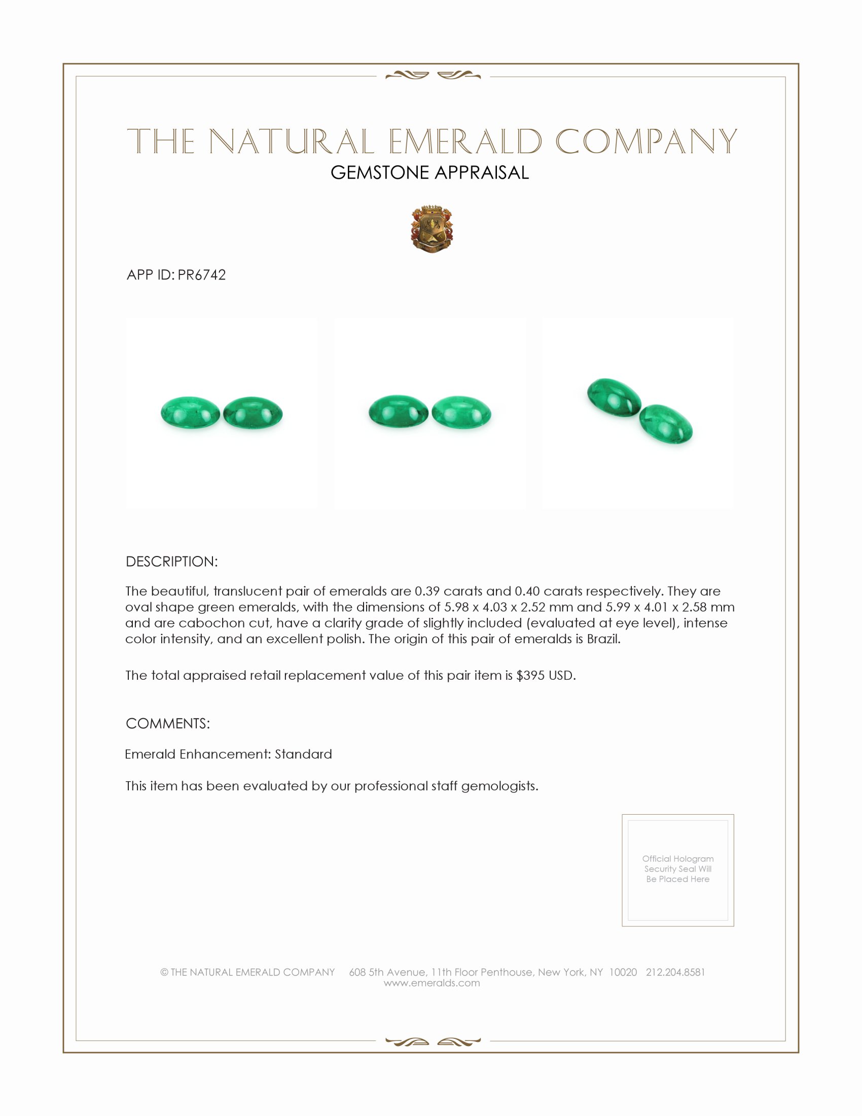 0.79 Ct.Tw. Cabochon Emerald Pair from Brazil