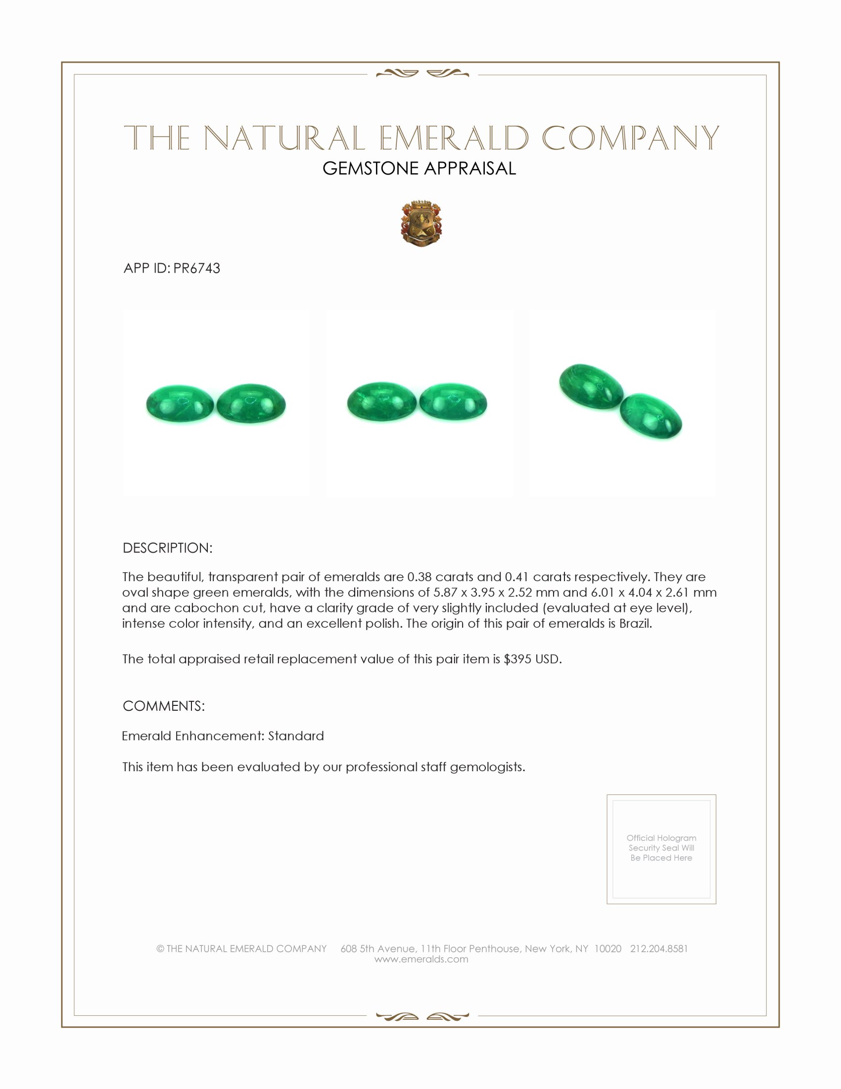 0.79 Ct.Tw. Cabochon Emerald Pair from Brazil