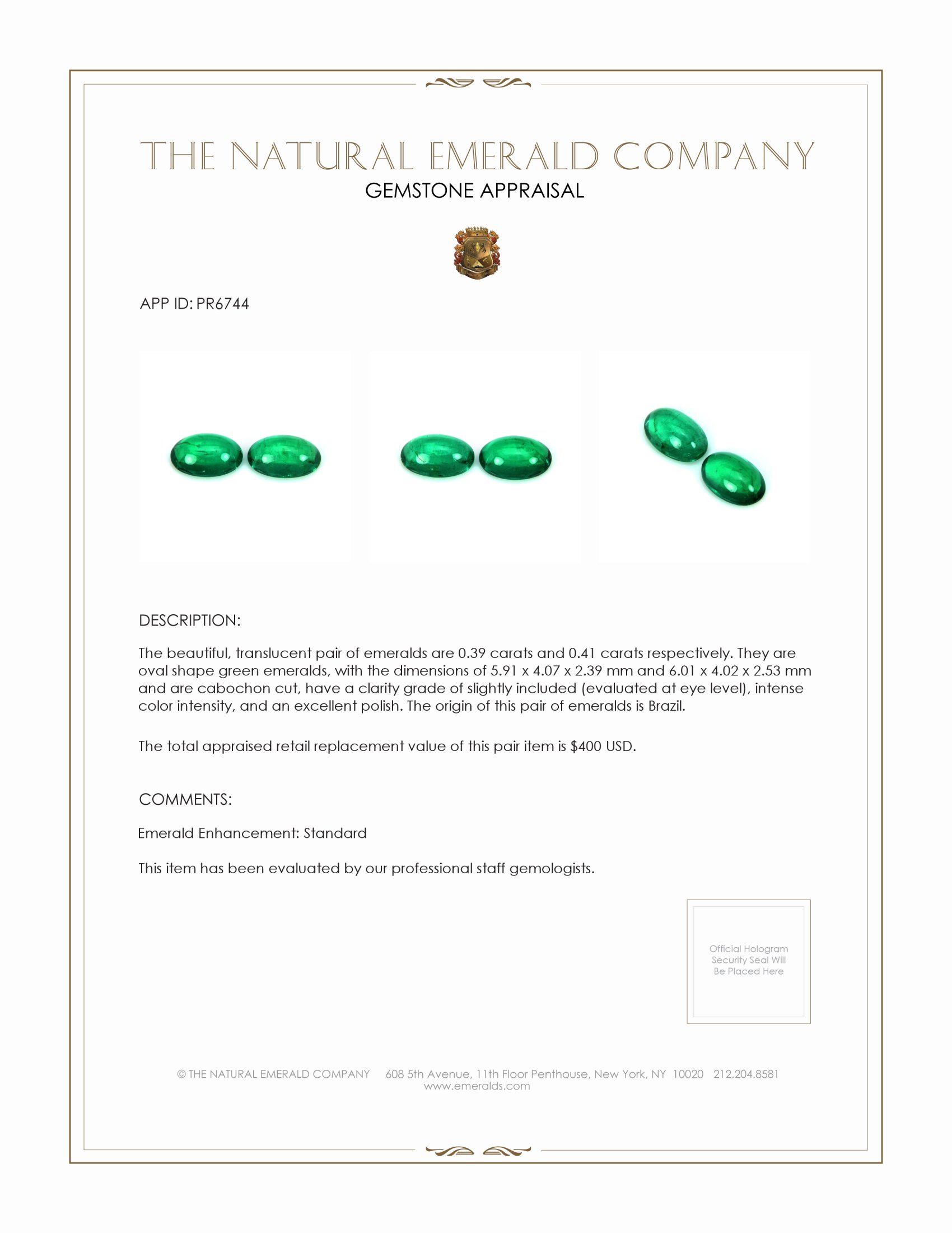 0.80 Ct.Tw. Cabochon Emerald Pair from Brazil