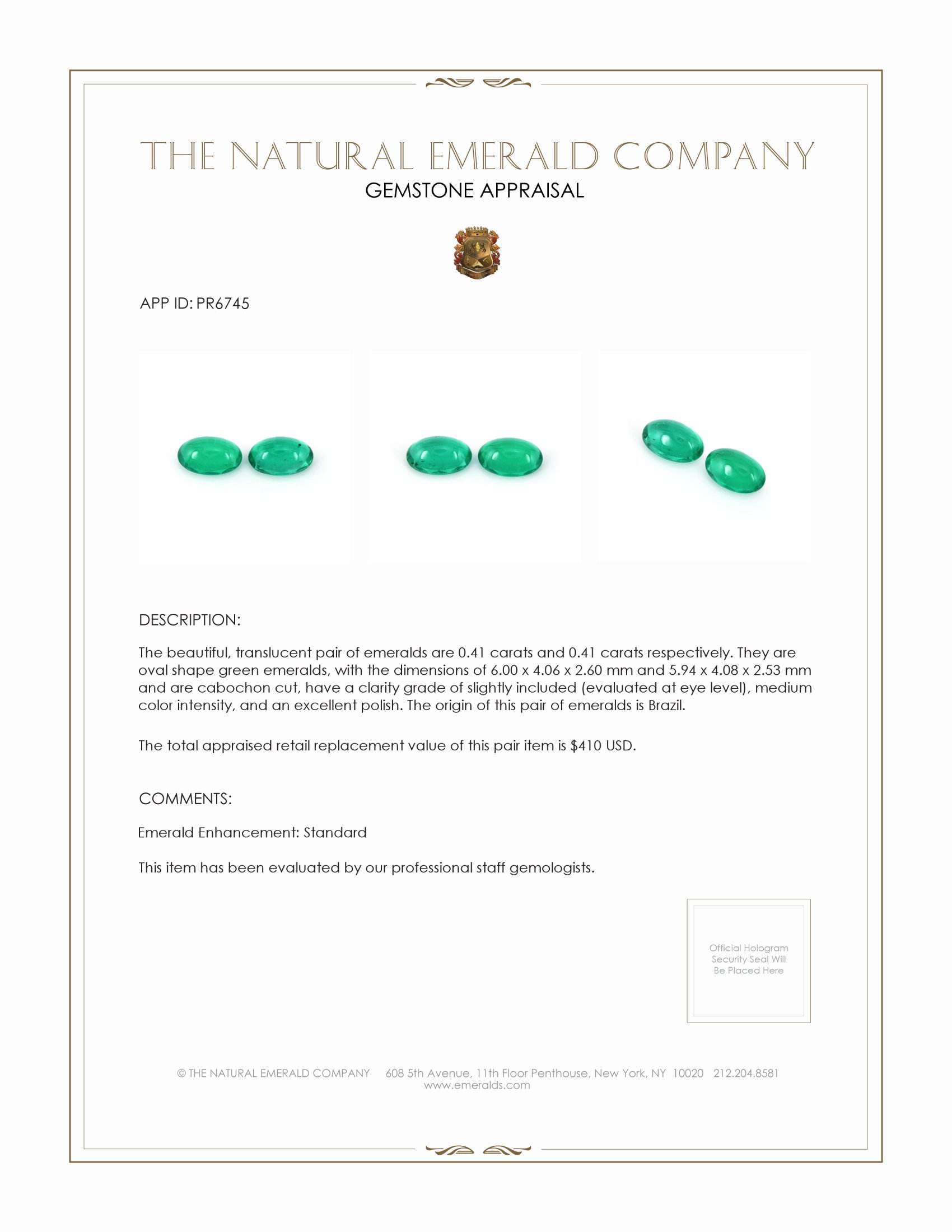 0.82 Ct.Tw. Cabochon Emerald Pair from Brazil