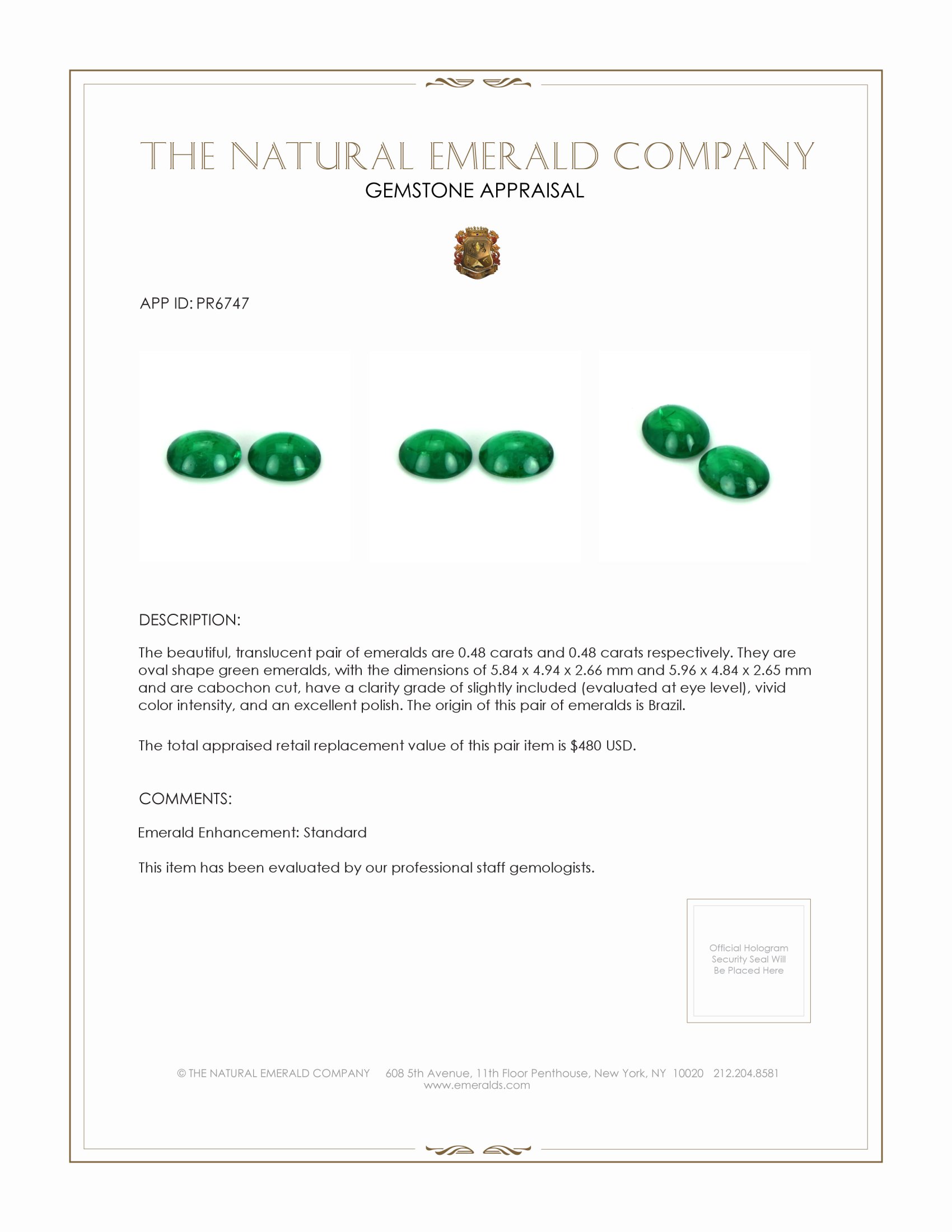 0.96 Ct.Tw. Cabochon Emerald Pair from Brazil