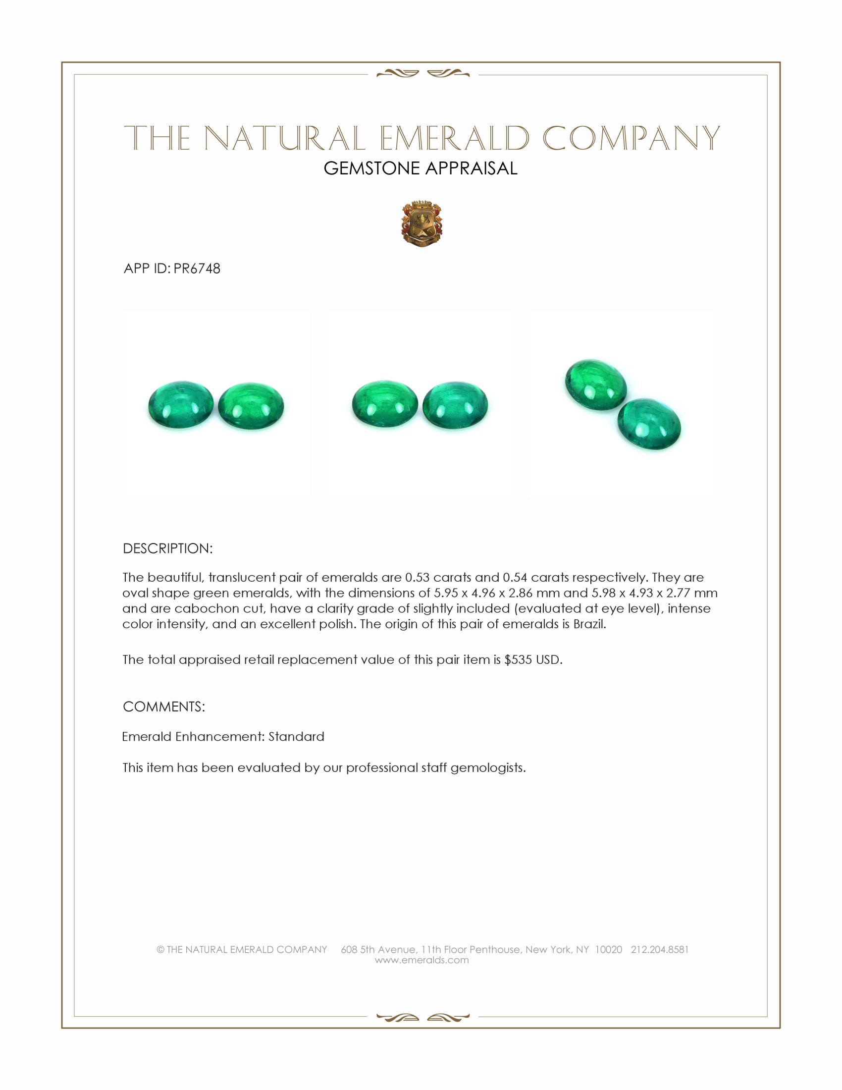 1.07 Ct.Tw. Cabochon Emerald Pair from Brazil