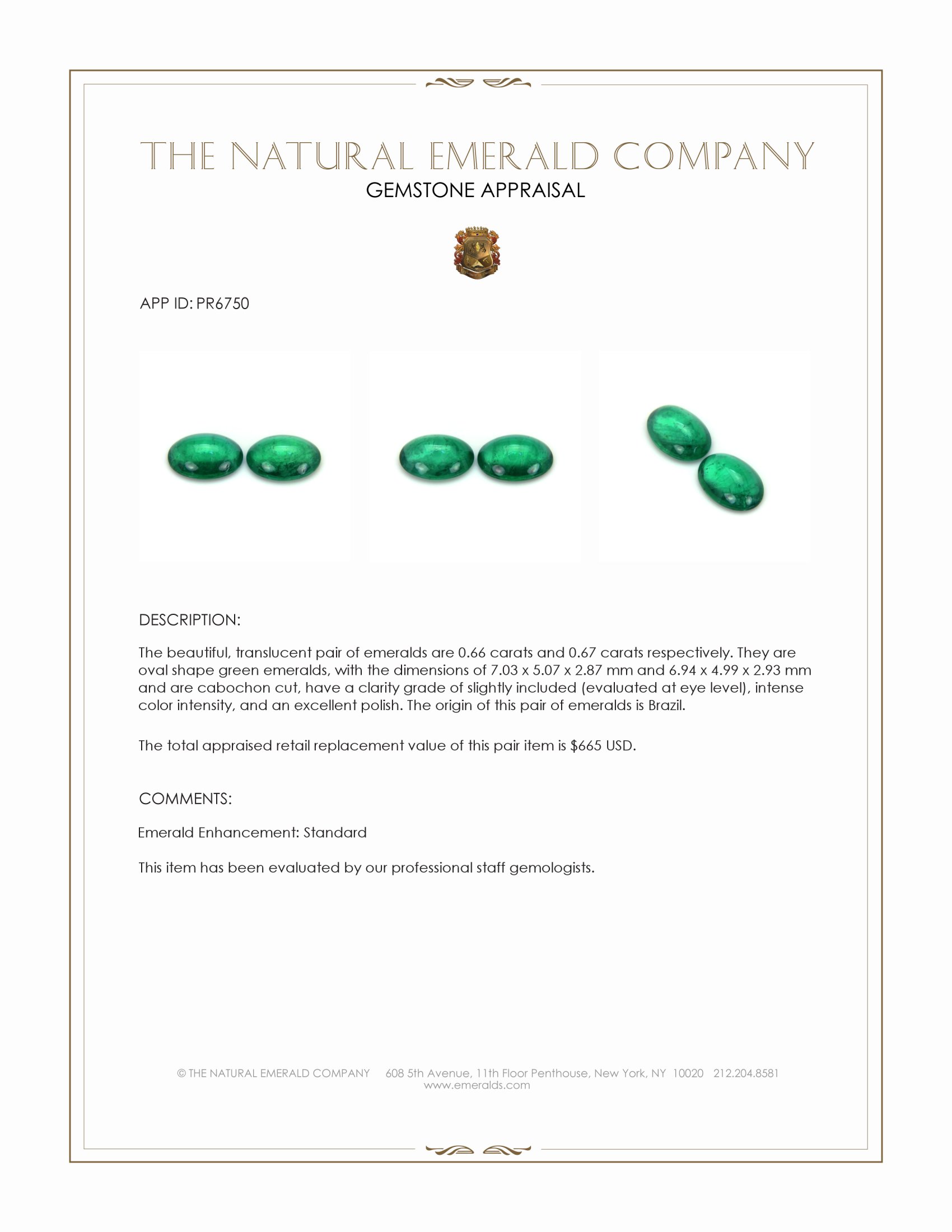 1.33 Ct.Tw. Cabochon Emerald Pair from Brazil