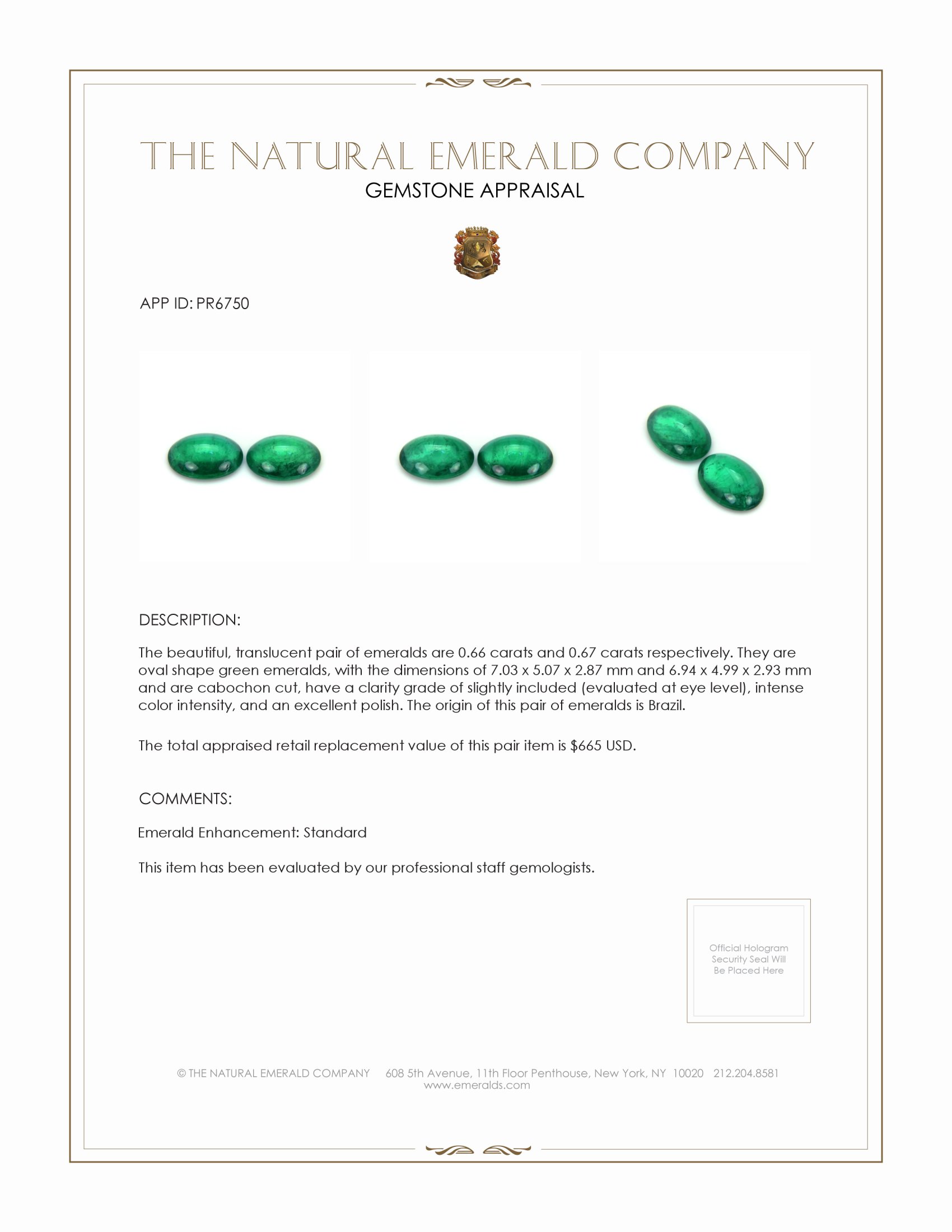 1.33 Ct.Tw. Cabochon Emerald Pair from Brazil