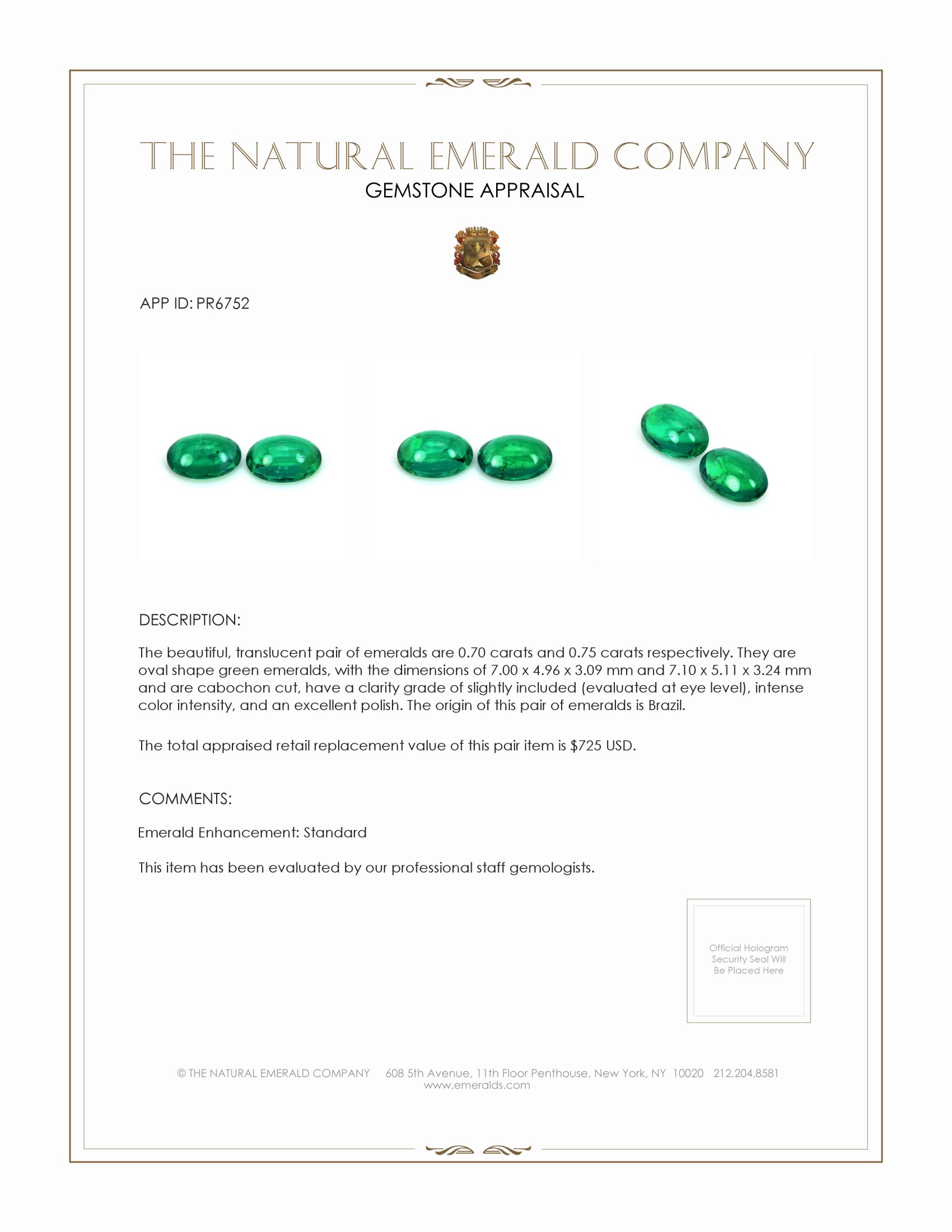 1.45 Ct.Tw. Cabochon Emerald Pair from Brazil