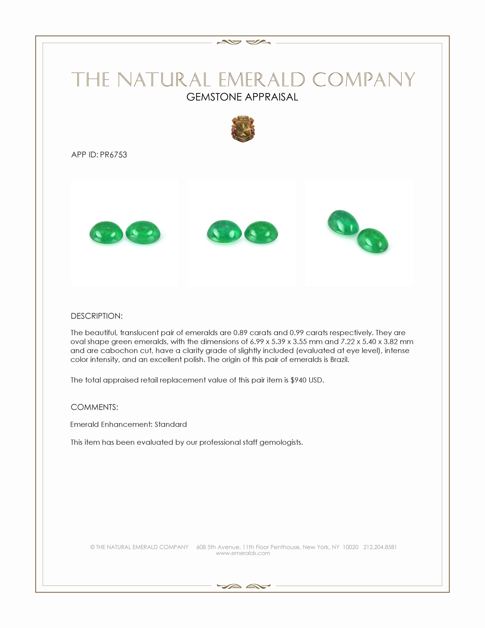 1.88 Ct.Tw. Cabochon Emerald Pair from Brazil