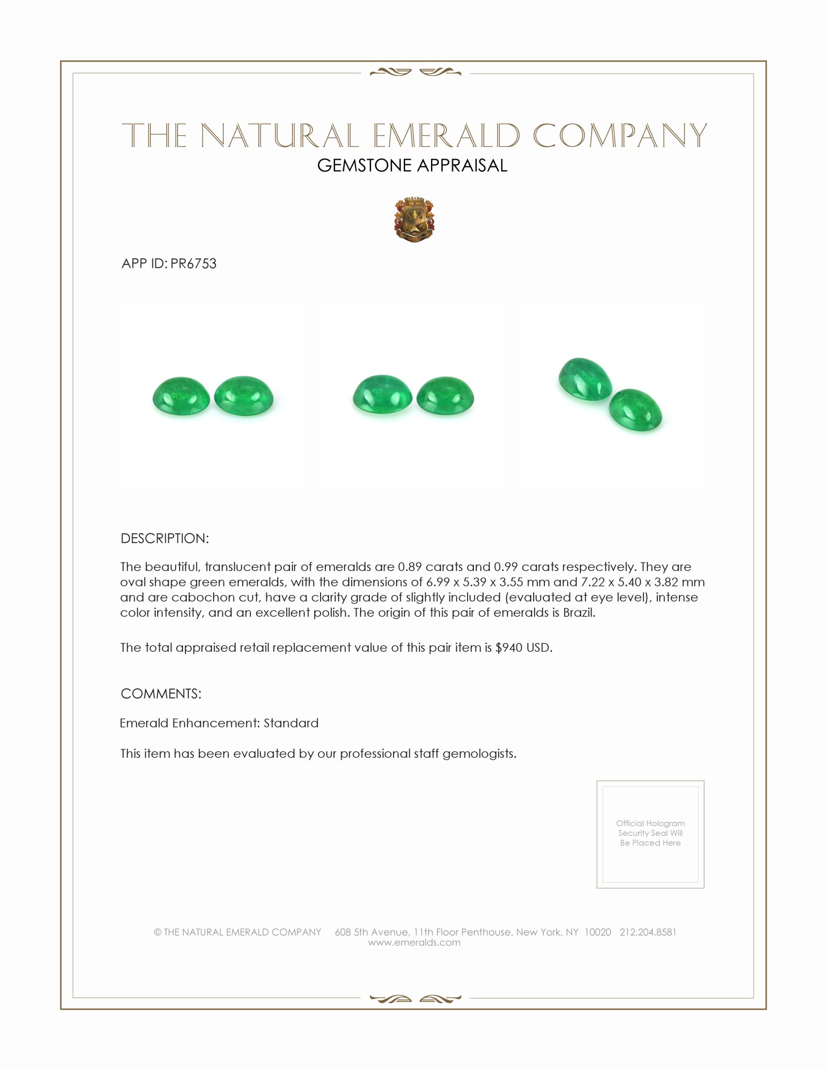 1.88 Ct.Tw. Cabochon Emerald Pair from Brazil