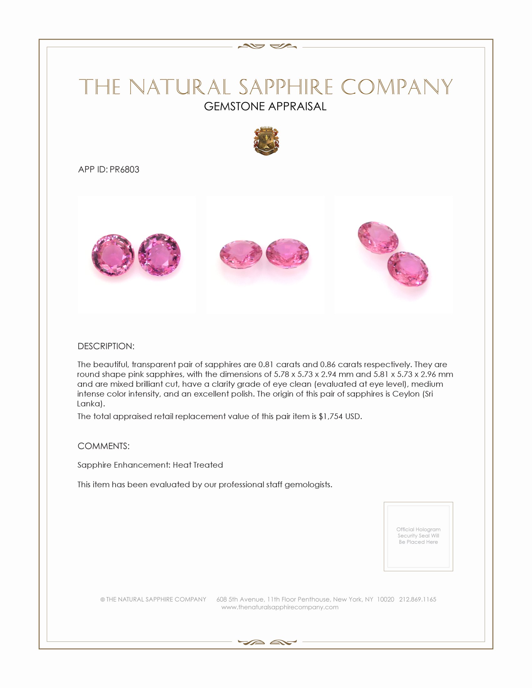 1.67 Ct.Tw. Pink Sapphire Pair from Ceylon (Sri Lanka)