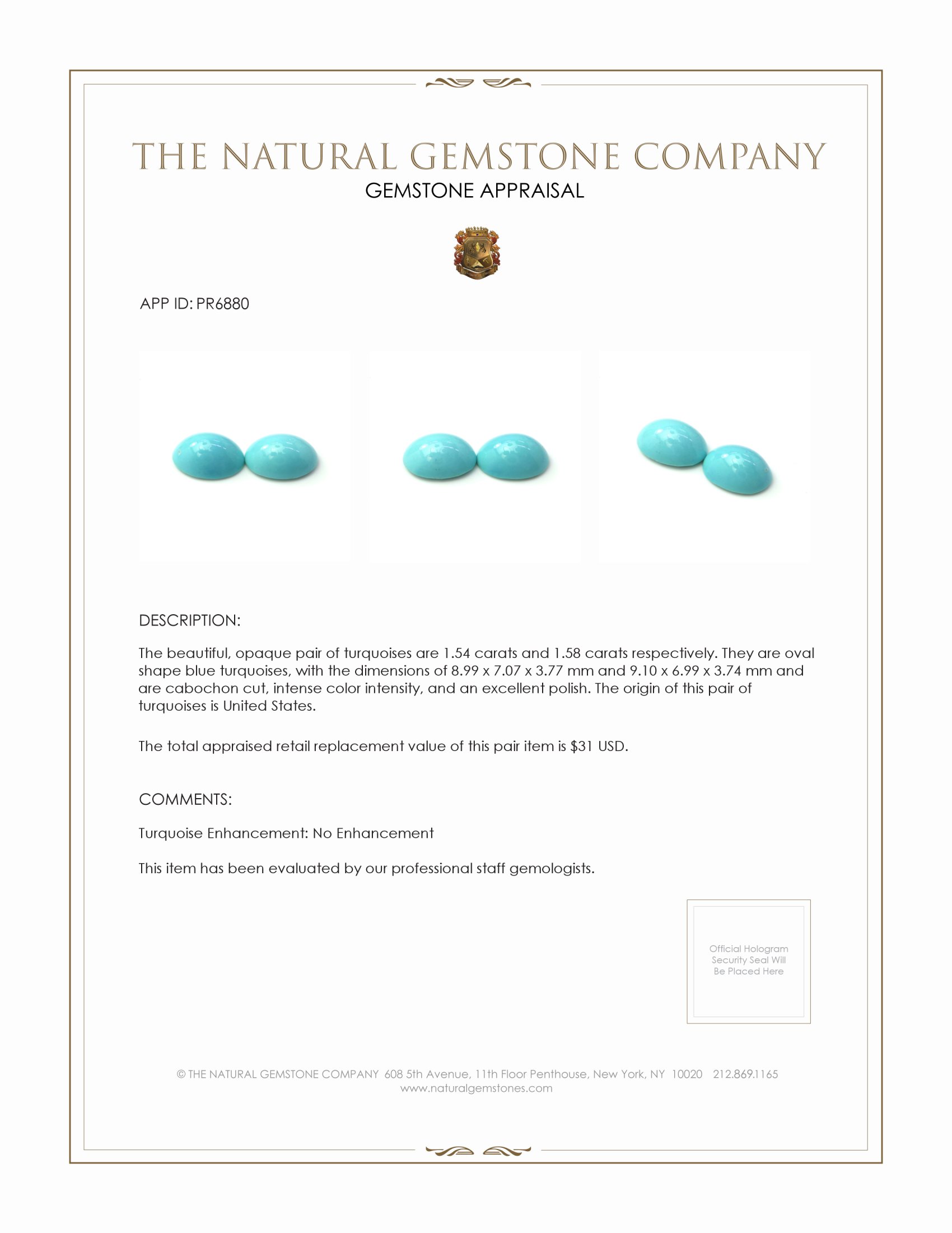 3.12 Ct.Tw. Cabochon Turquoise Pair from United States