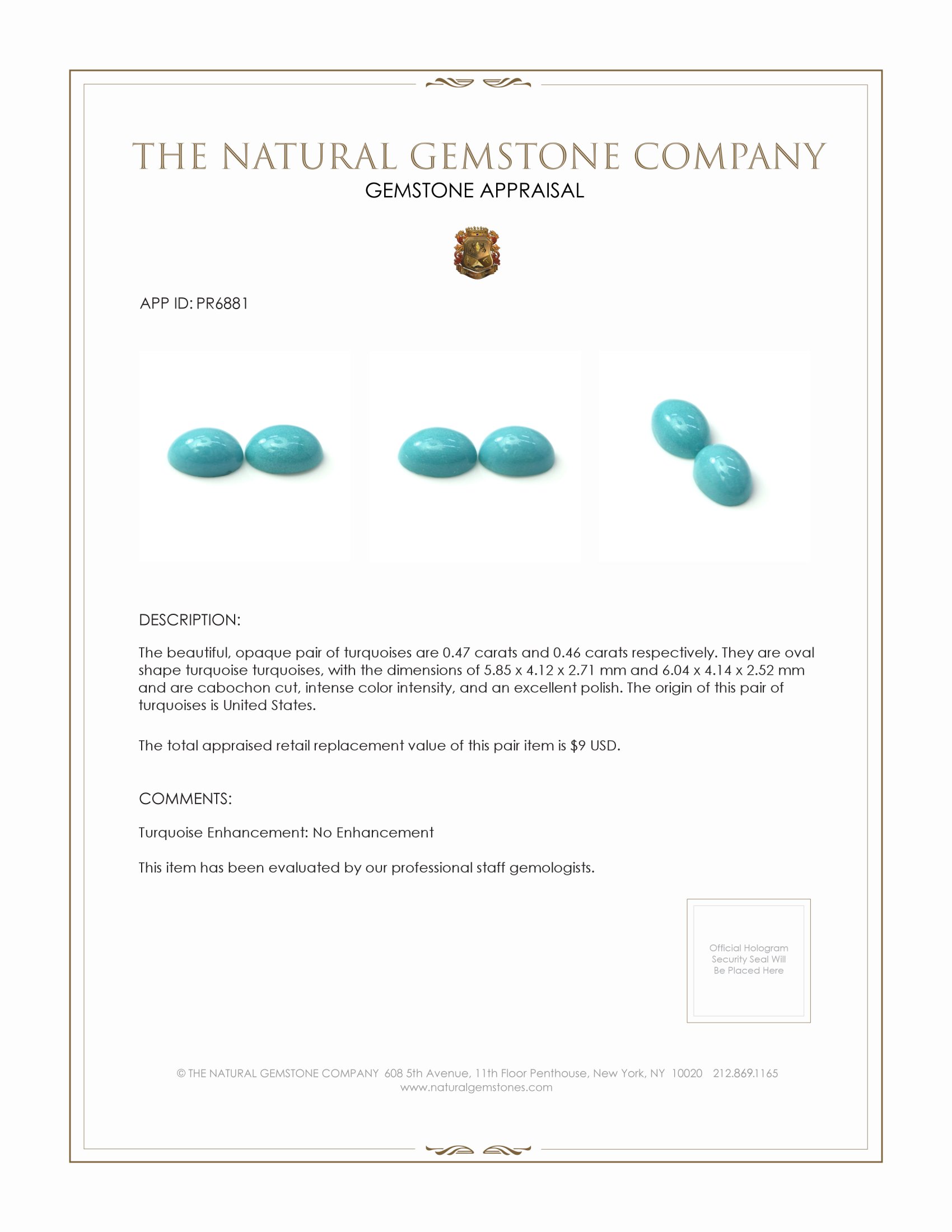 0.93 Ct.Tw. Cabochon Turquoise Pair from United States