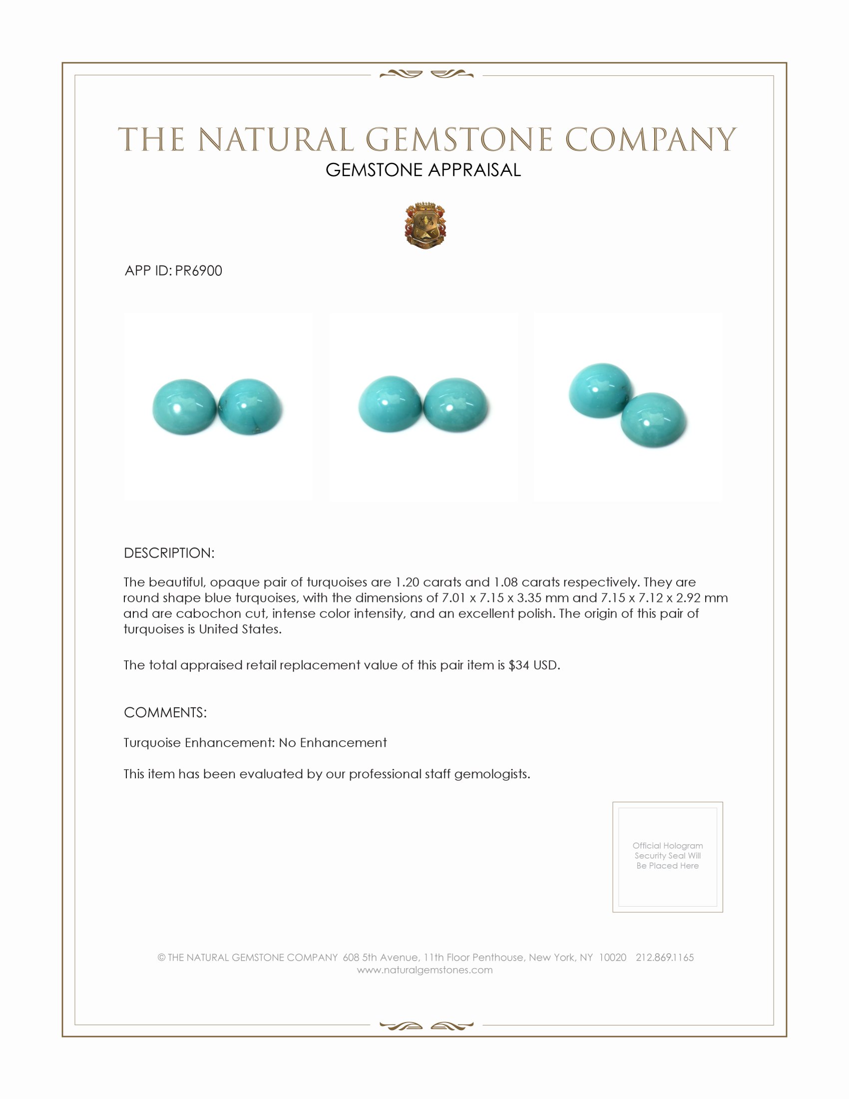 2.28 Ct.Tw. Cabochon Turquoise Pair from United States