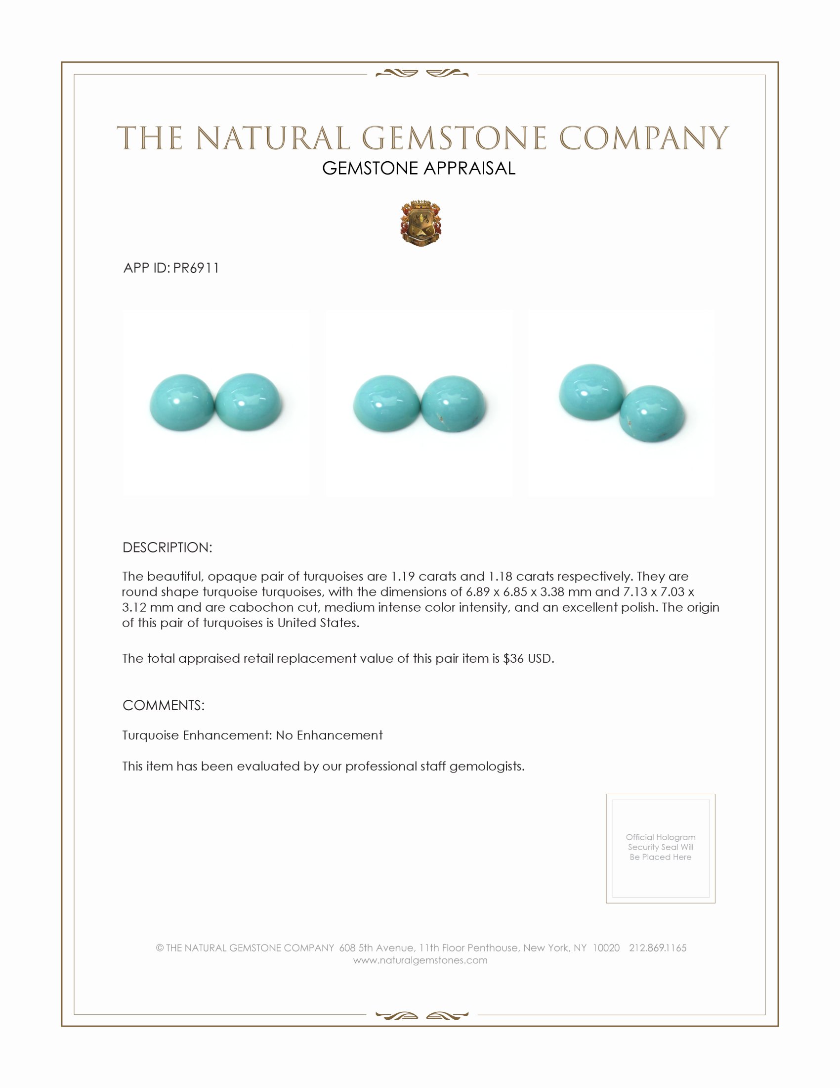 2.37 Ct.Tw. Cabochon Turquoise Pair from United States