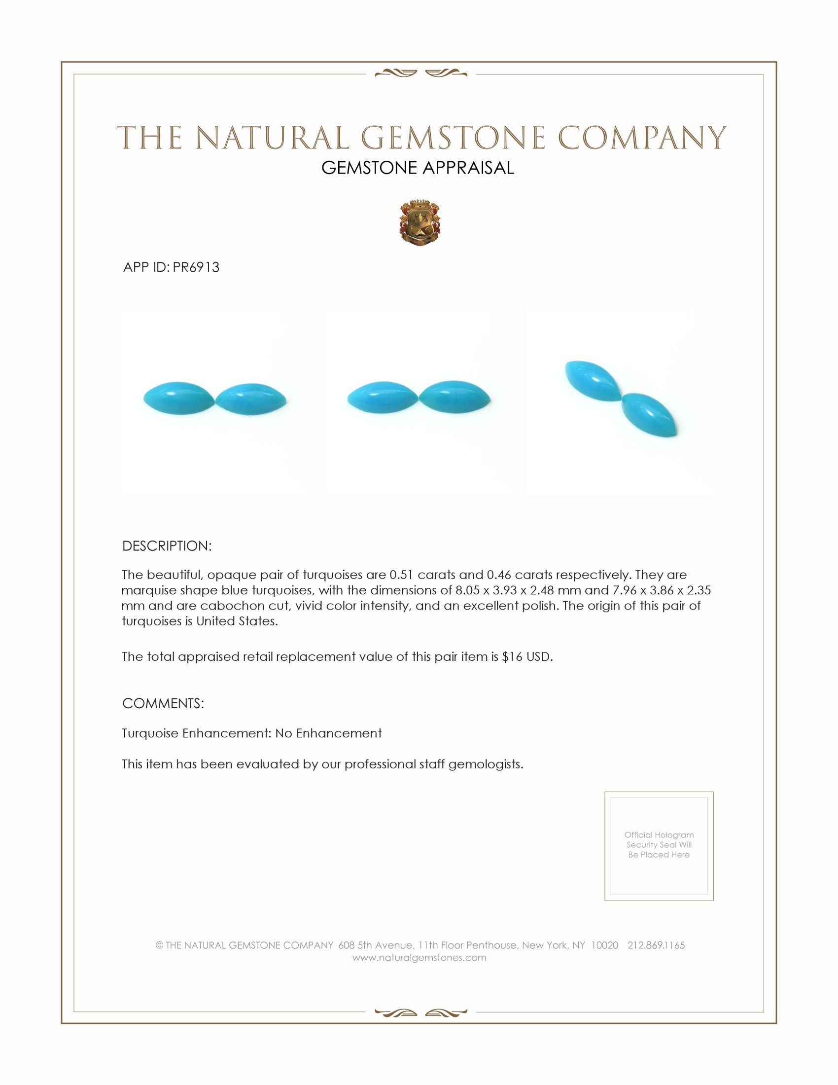 0.97 Ct.Tw. Cabochon Turquoise Pair from United States