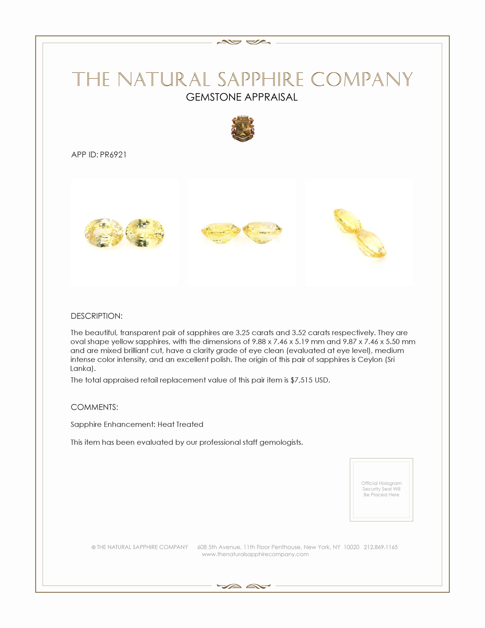 6.77 Ct.Tw. Yellow Sapphire Pair from Ceylon (Sri Lanka)