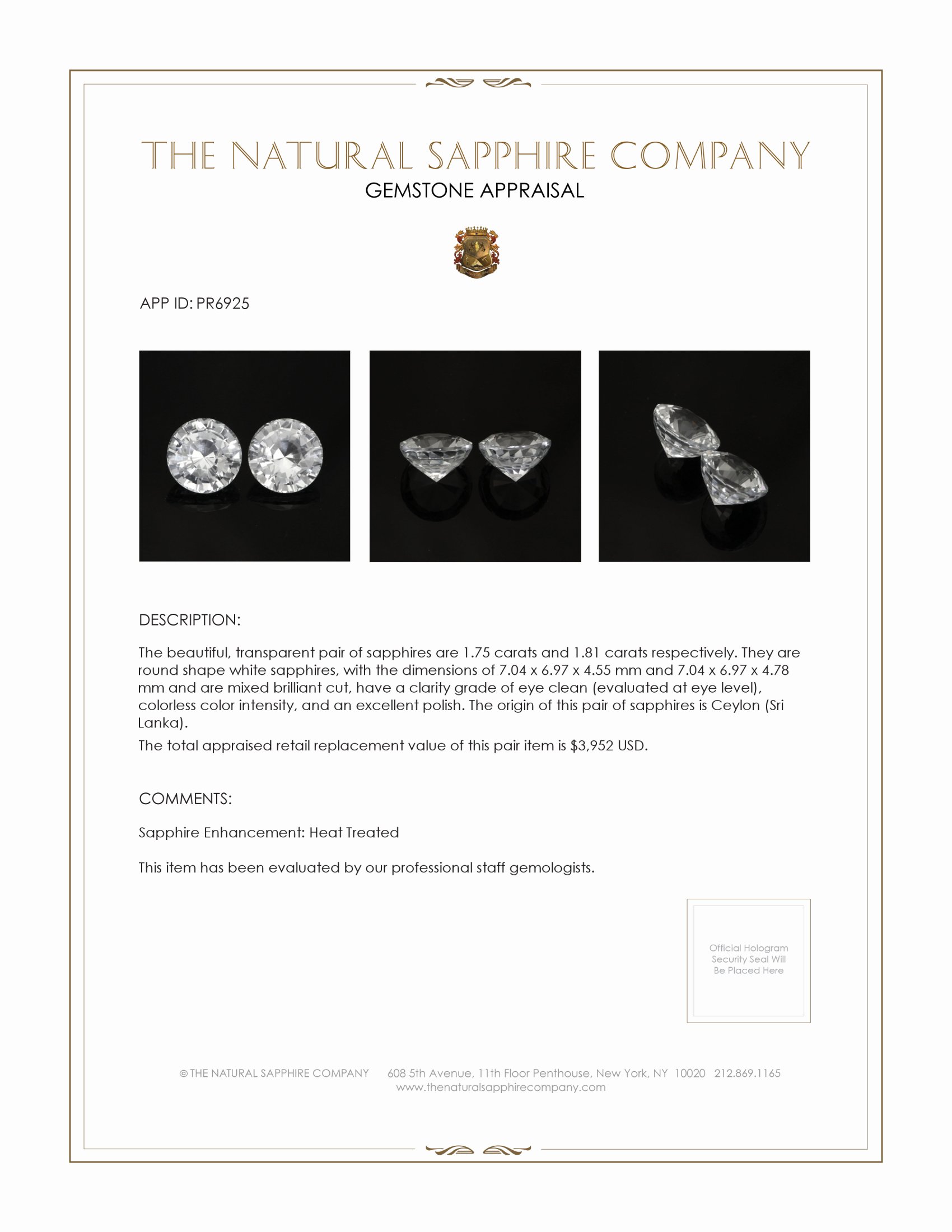 3.56 Ct.Tw. White Sapphire Pair from Ceylon (Sri Lanka)