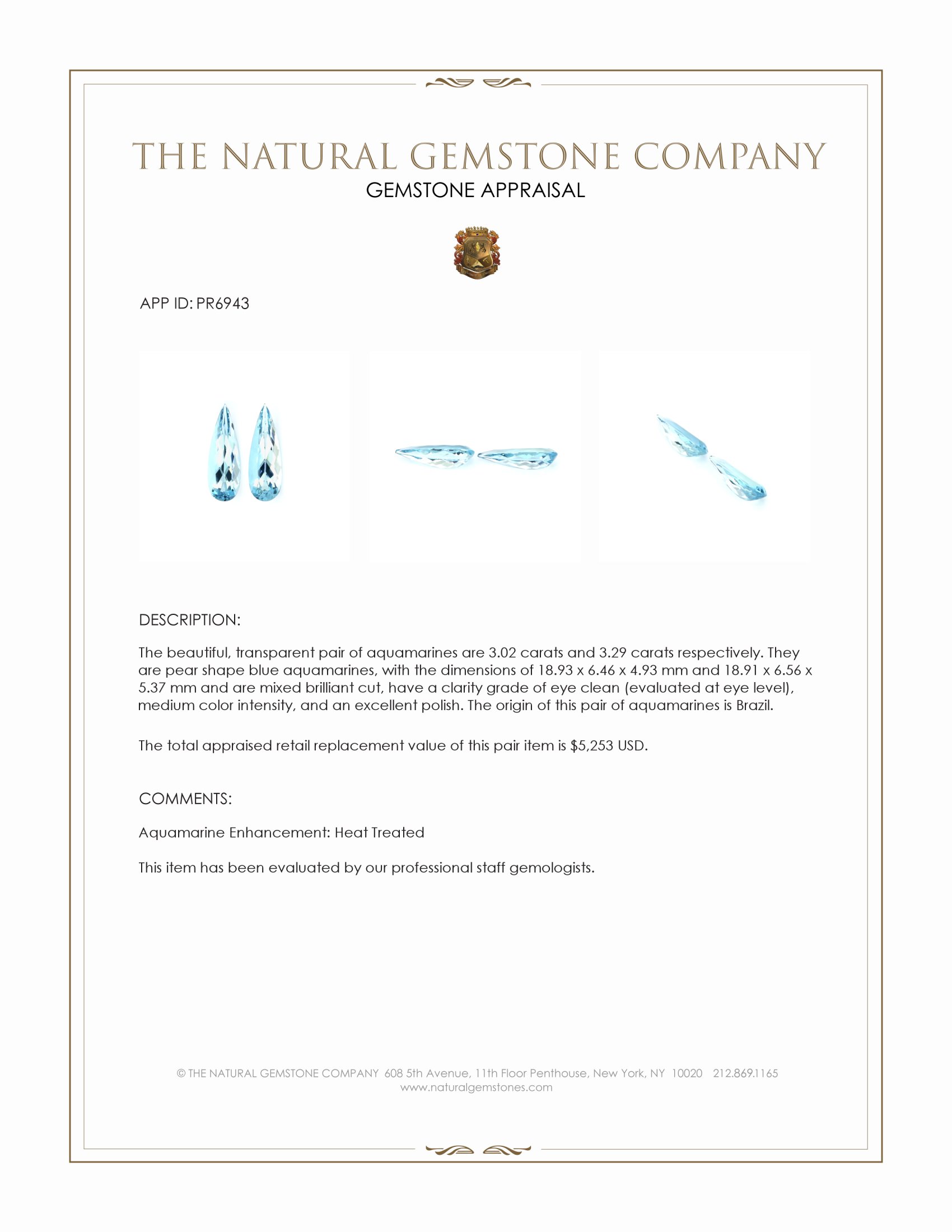 6.31 Ct.Tw. Blue Aquamarine Pair from Brazil