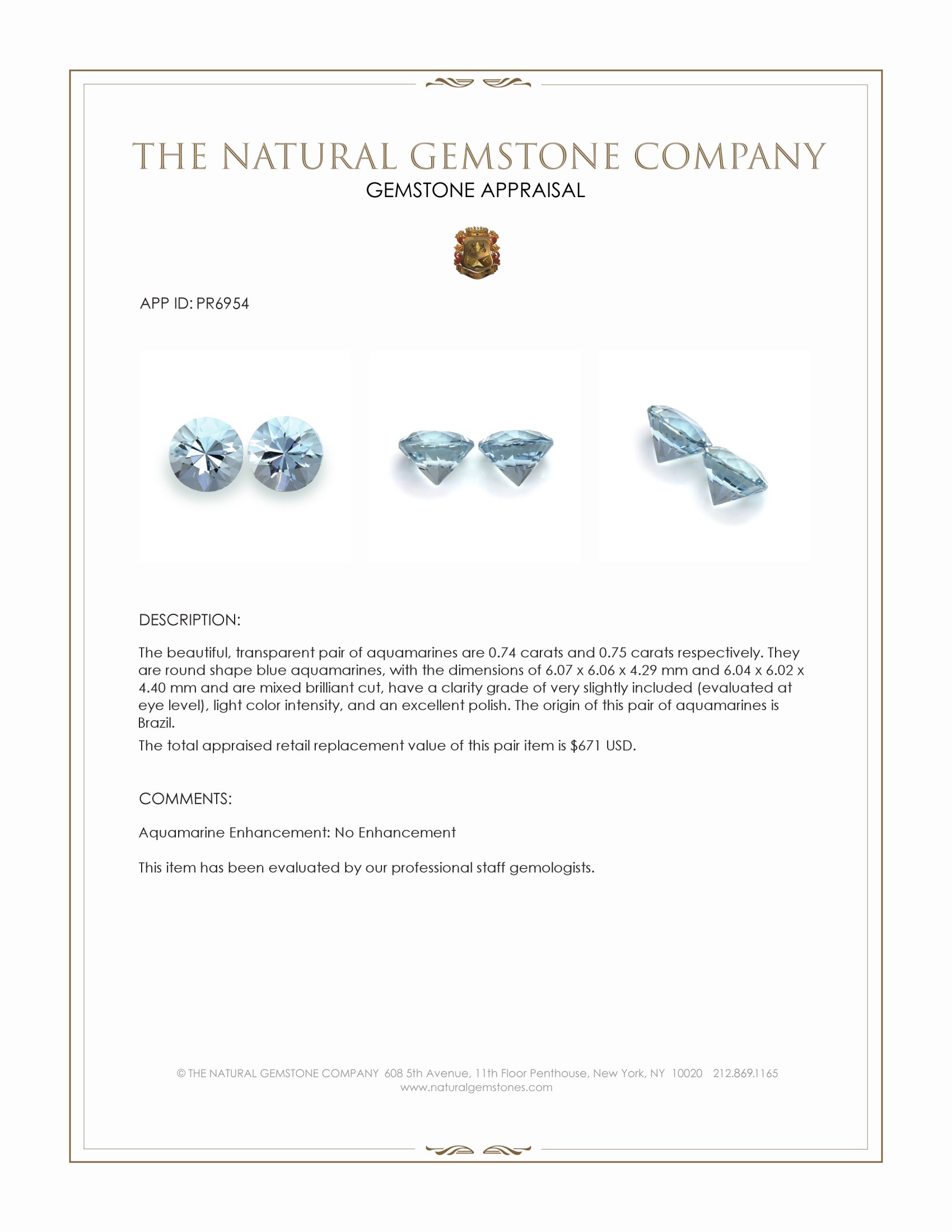 1.49 Ct.Tw. Blue Aquamarine Pair from Brazil