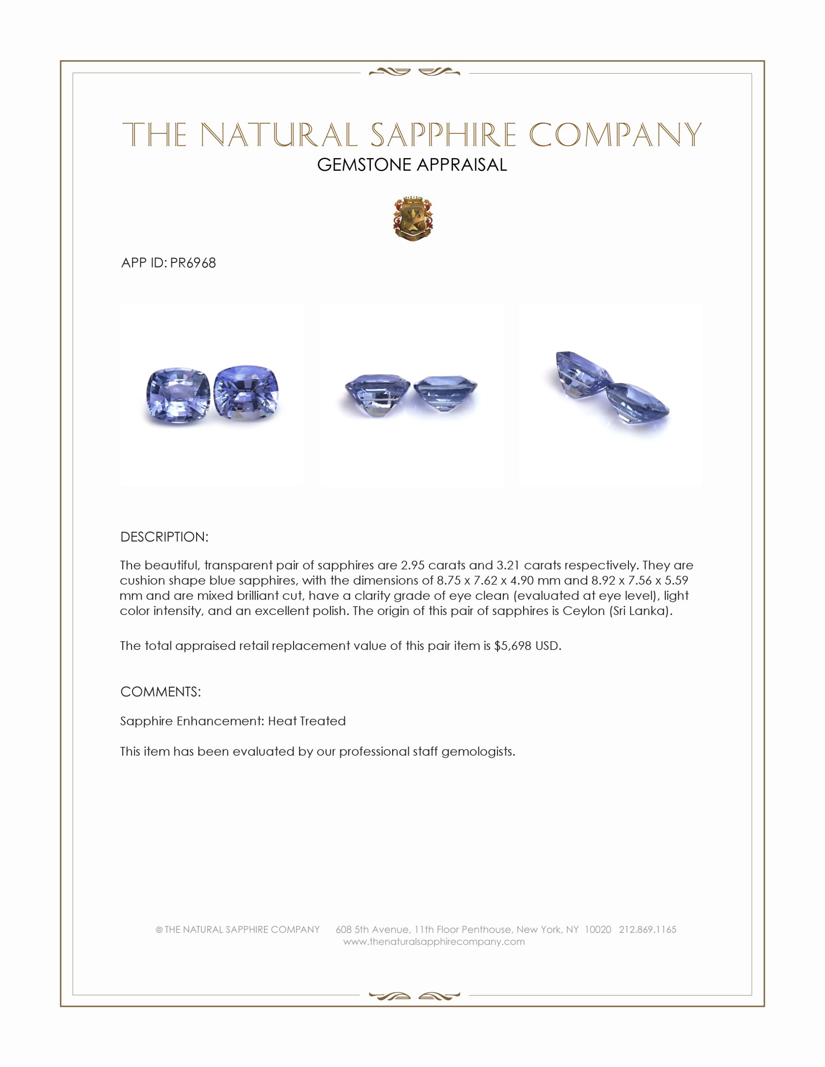 6.16 Ct.Tw. Blue Sapphire Pair from Ceylon (Sri Lanka)