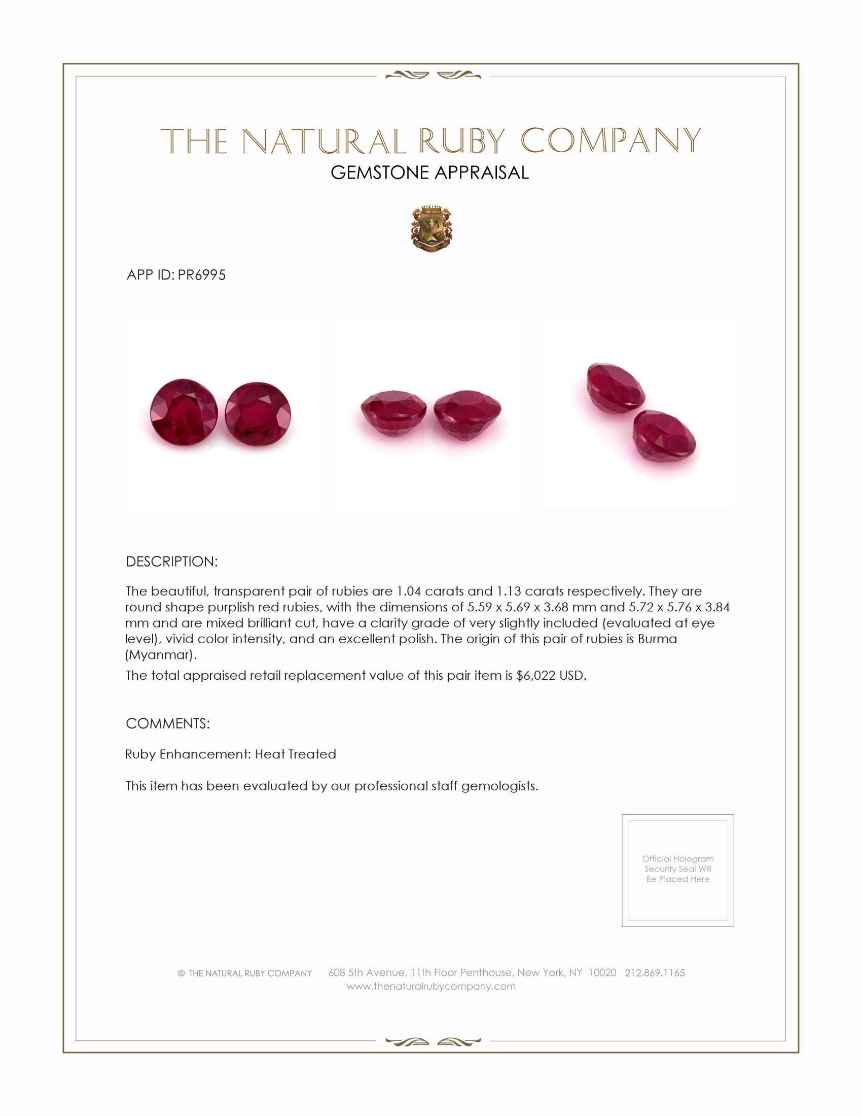 2.17 Ct.Tw. Ruby Pair from Burma (Myanmar)