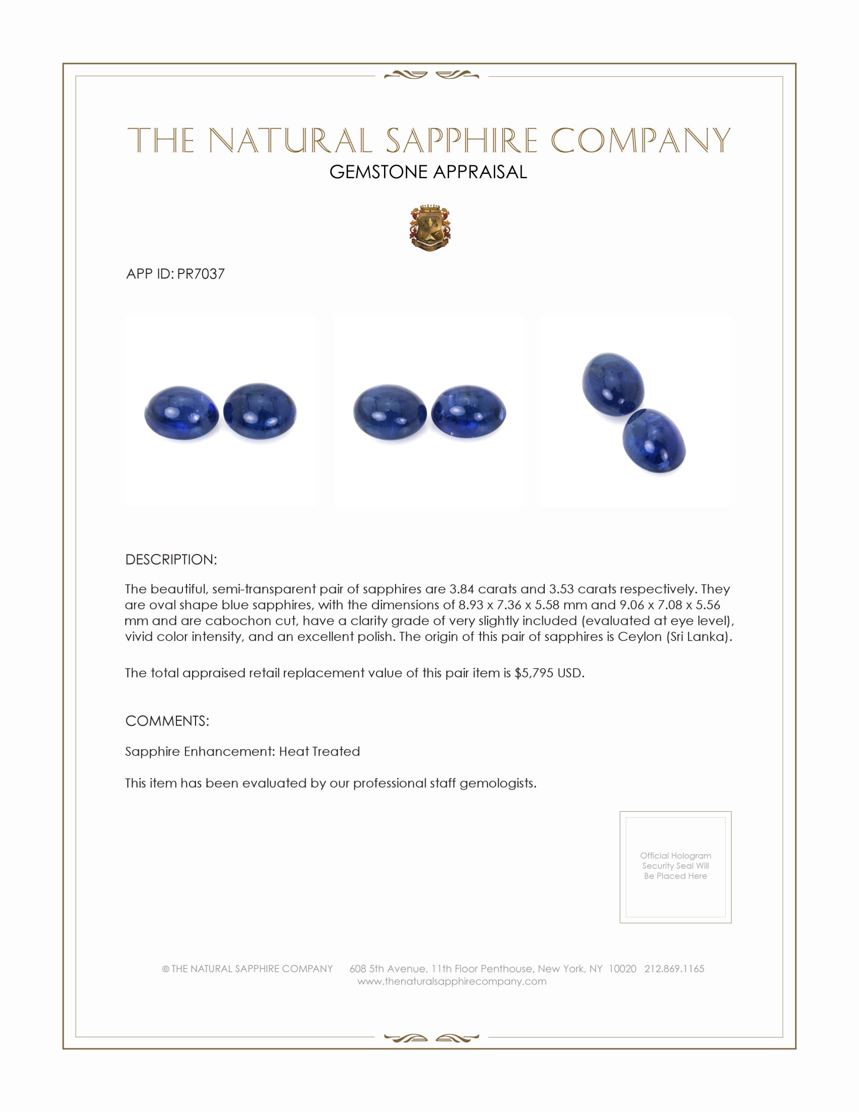 7.37 Ct.Tw. Blue Cabochon Sapphire Pair from Ceylon (Sri Lanka)