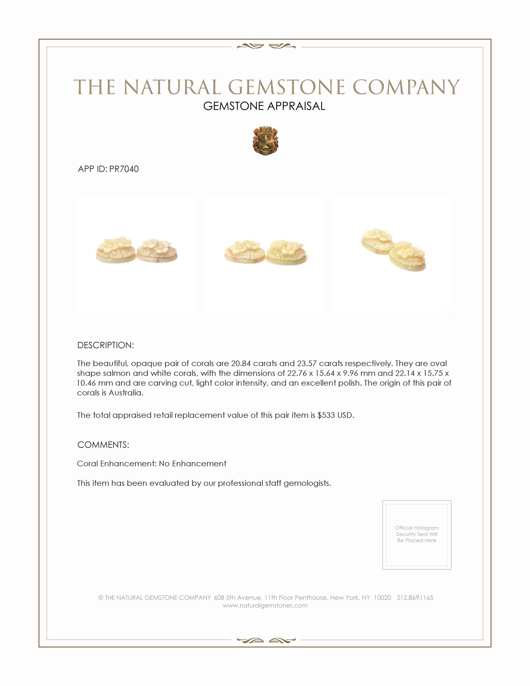 44.41 Ct.Tw. Coral Pair from Australia