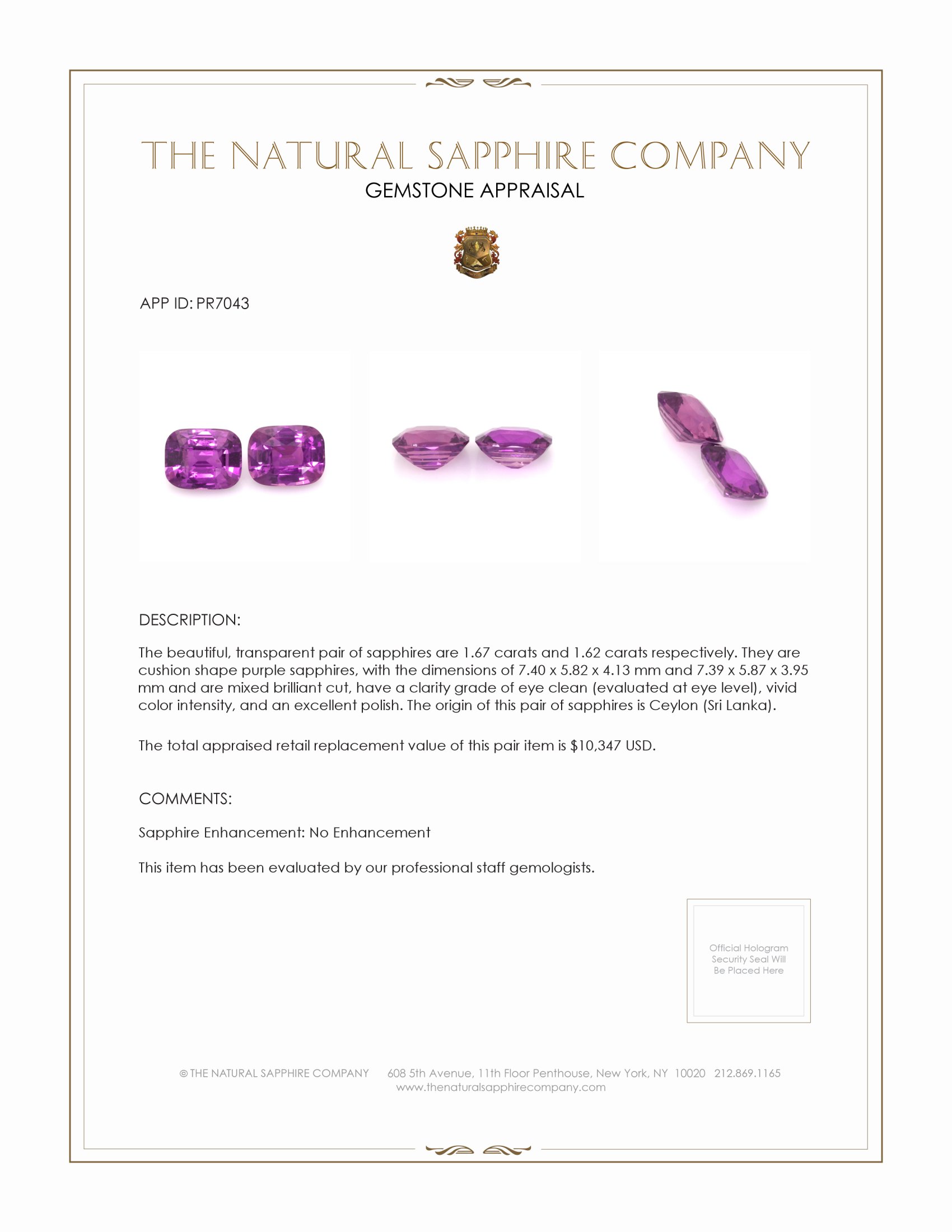 3.29 Ct.Tw. Purple Sapphire Pair from Ceylon (Sri Lanka)