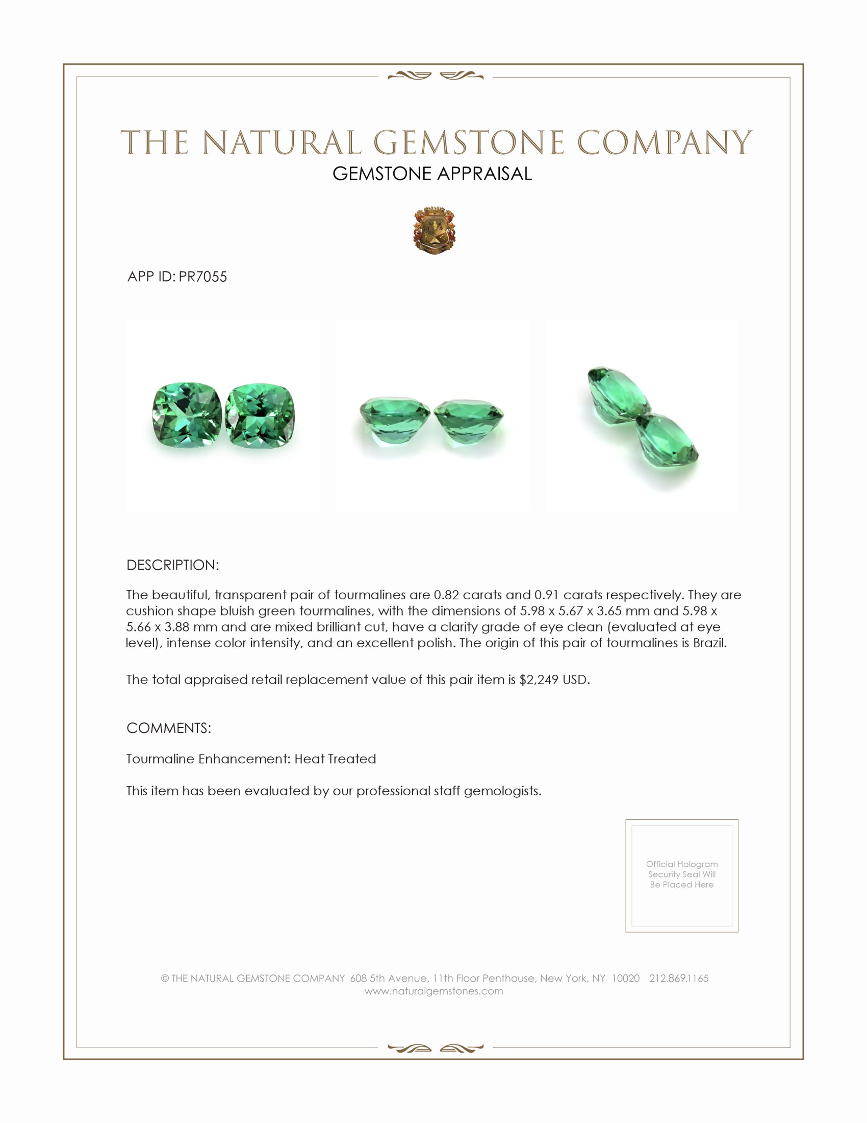 1.73 Ct.Tw. Bluish Green Tourmaline Pair from Brazil