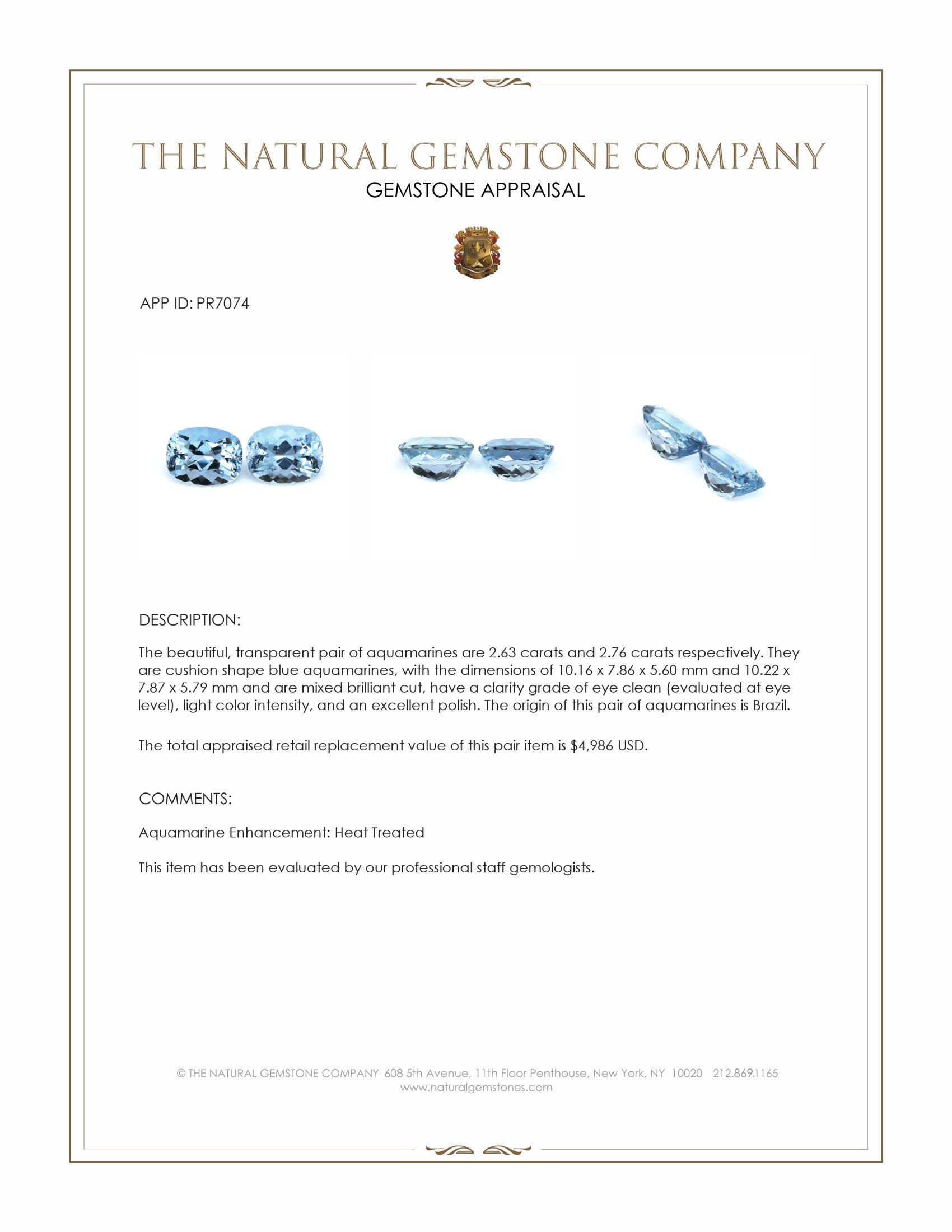 5.39 Ct.Tw. Blue Aquamarine Pair from Brazil