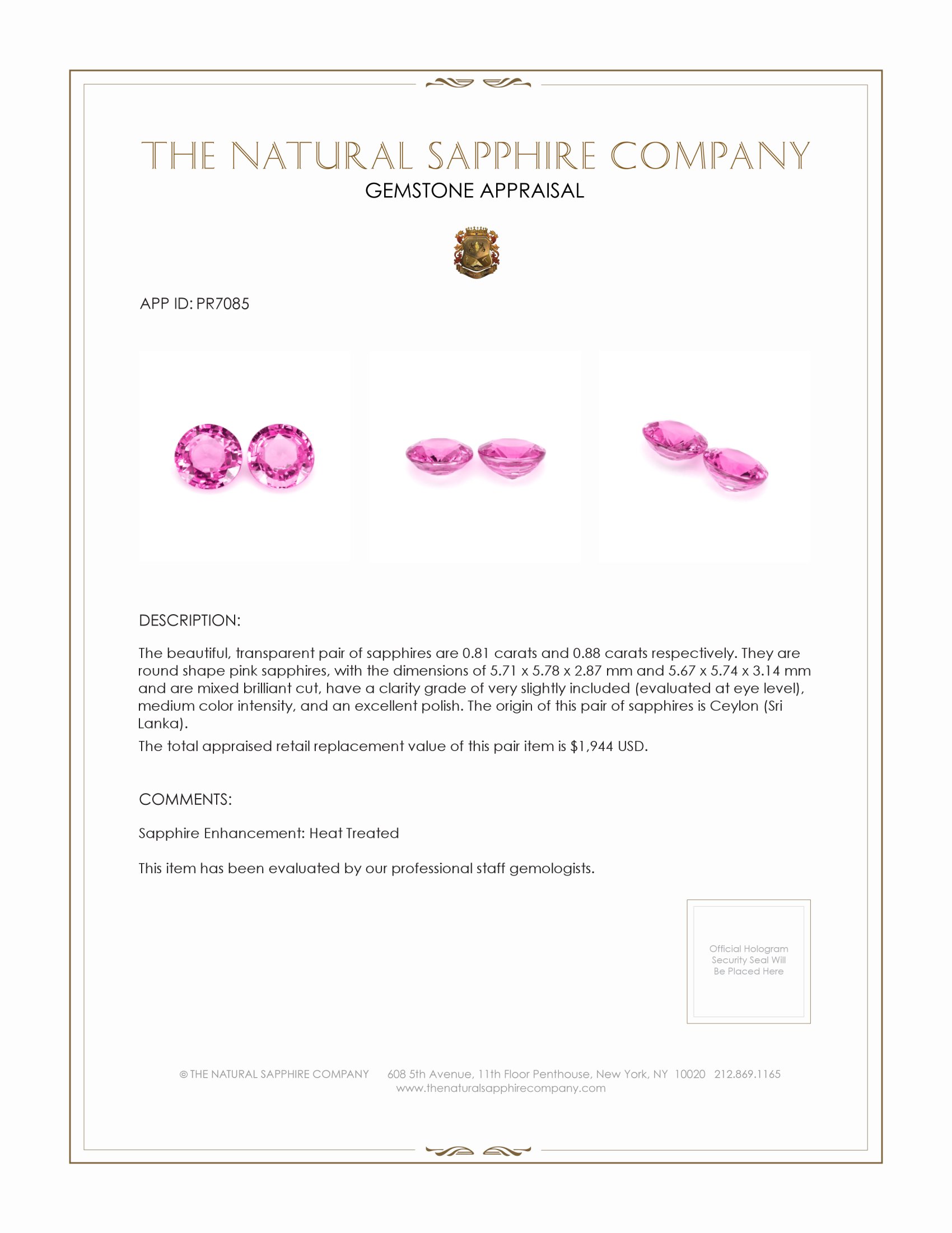 1.69 Ct.Tw. Pink Sapphire Pair from Ceylon (Sri Lanka)