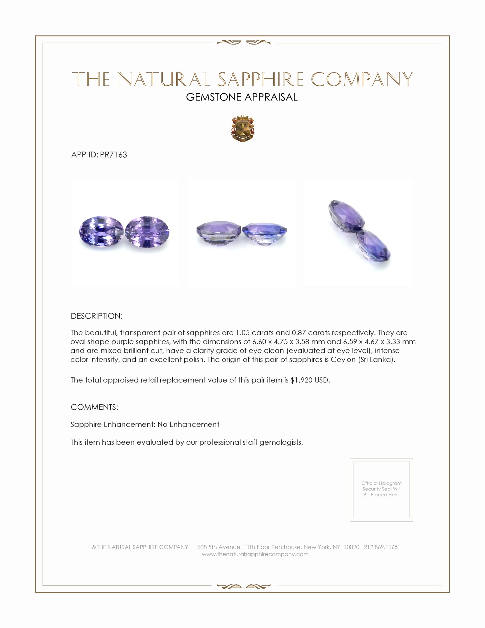 1.92 Ct.Tw. Purple Sapphire Pair from Ceylon (Sri Lanka)