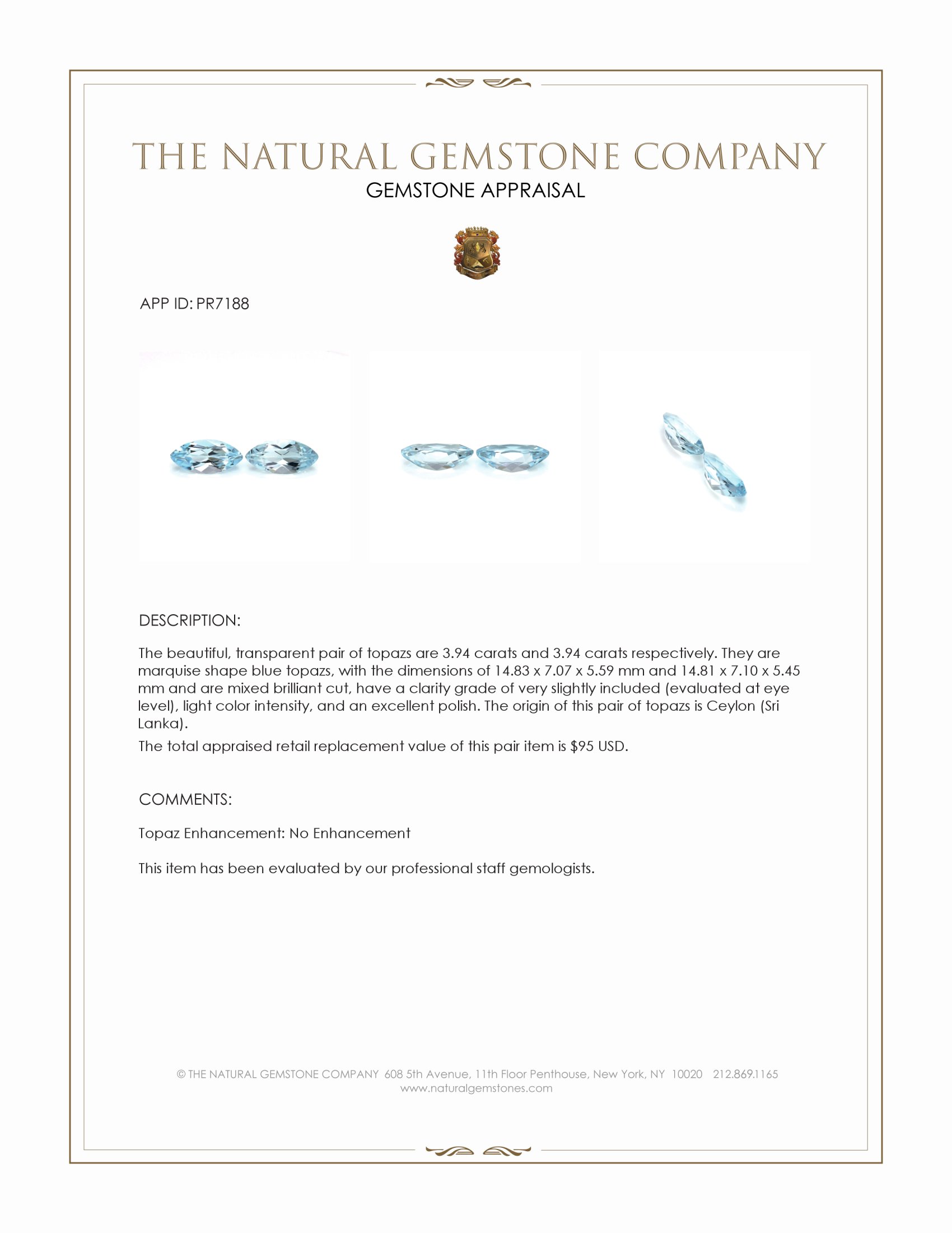 7.88 Ct.Tw. Blue Topaz Pair from Ceylon (Sri Lanka)
