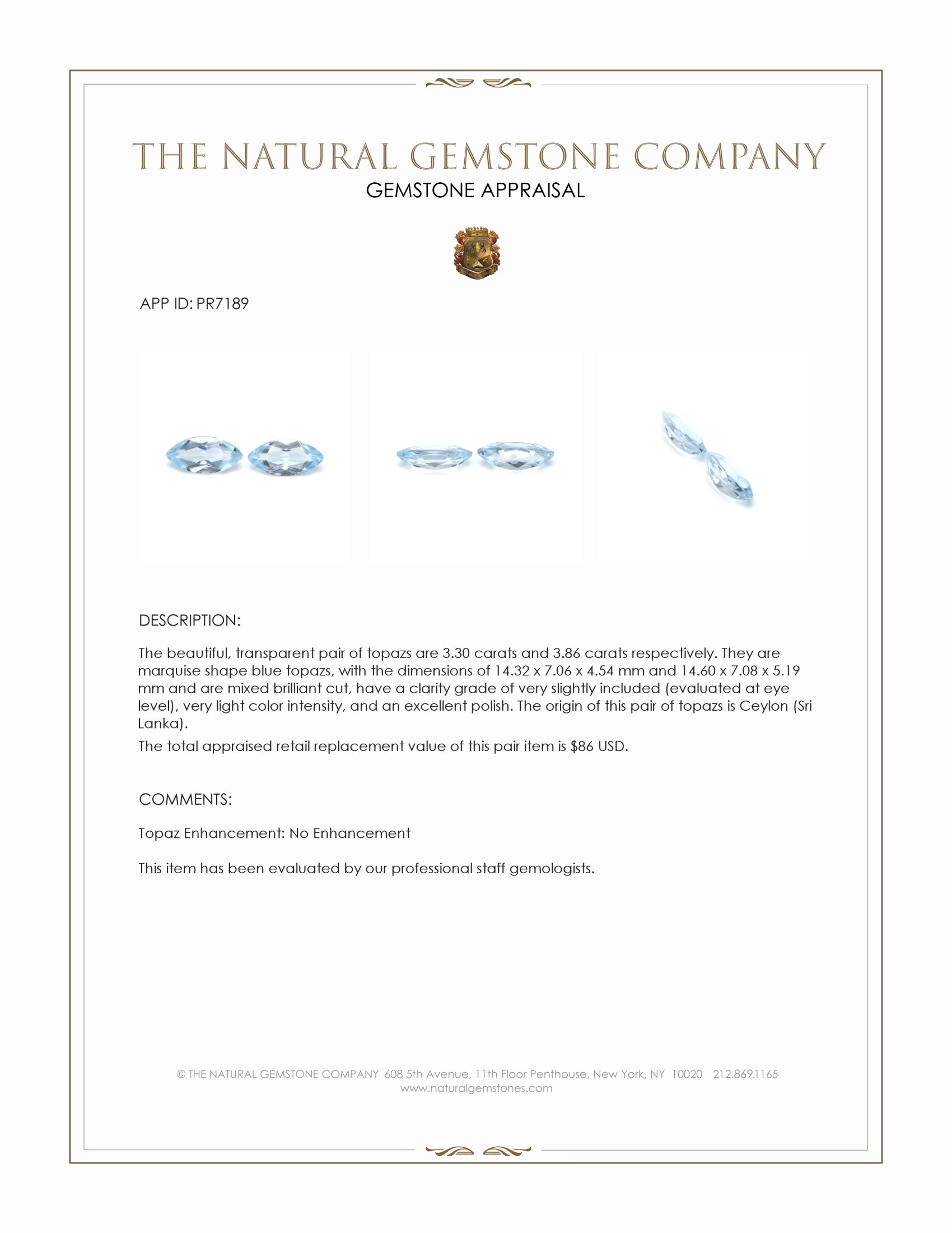 7.16 Ct.Tw. Blue Topaz Pair from Ceylon (Sri Lanka)