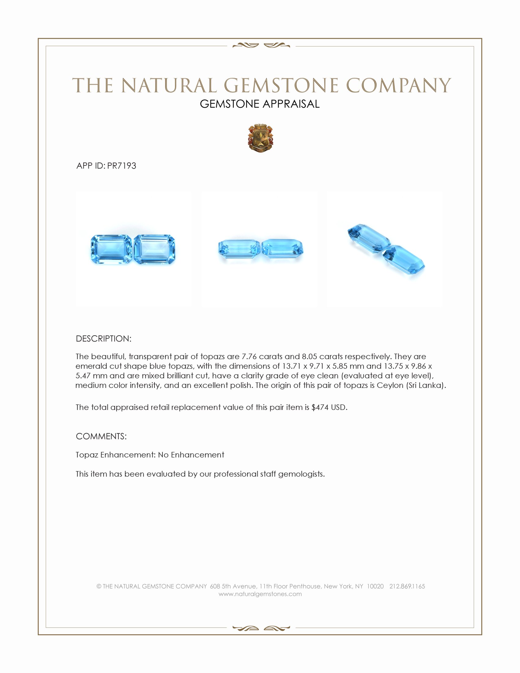 15.81 Ct.Tw. Blue Topaz Pair from Ceylon (Sri Lanka)