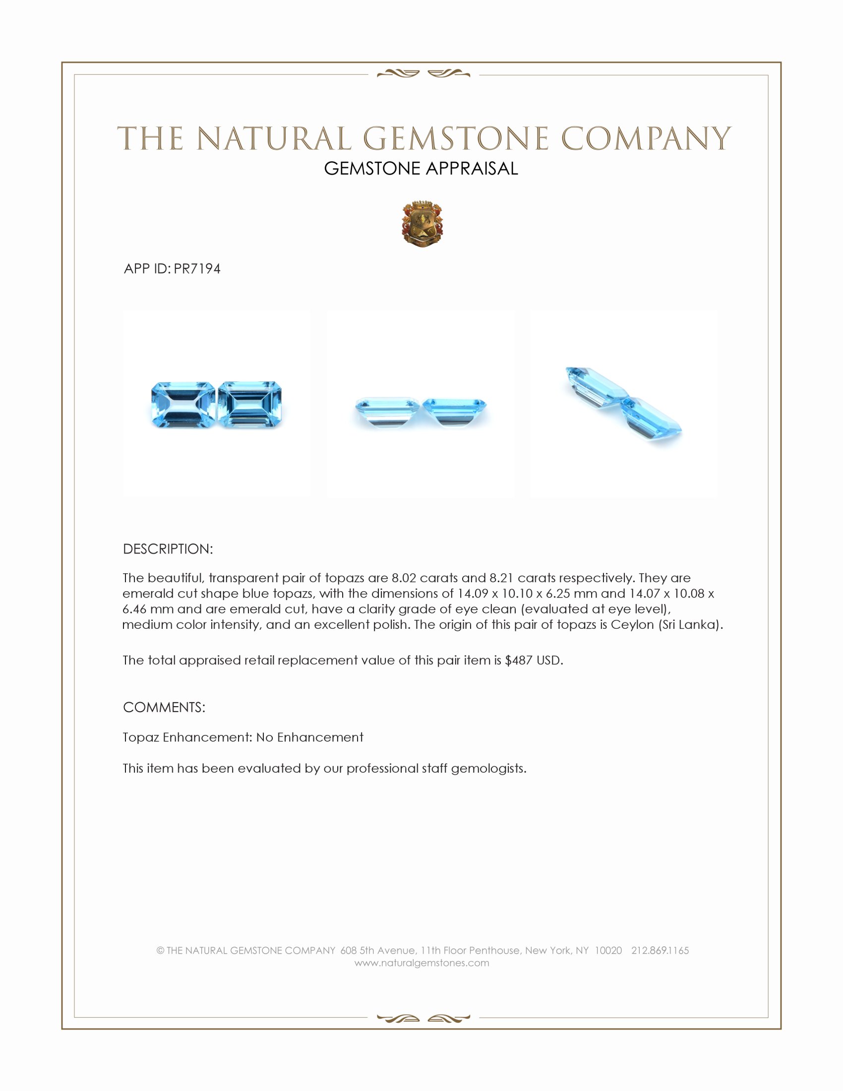 16.23 Ct.Tw. Blue Topaz Pair from Ceylon (Sri Lanka)