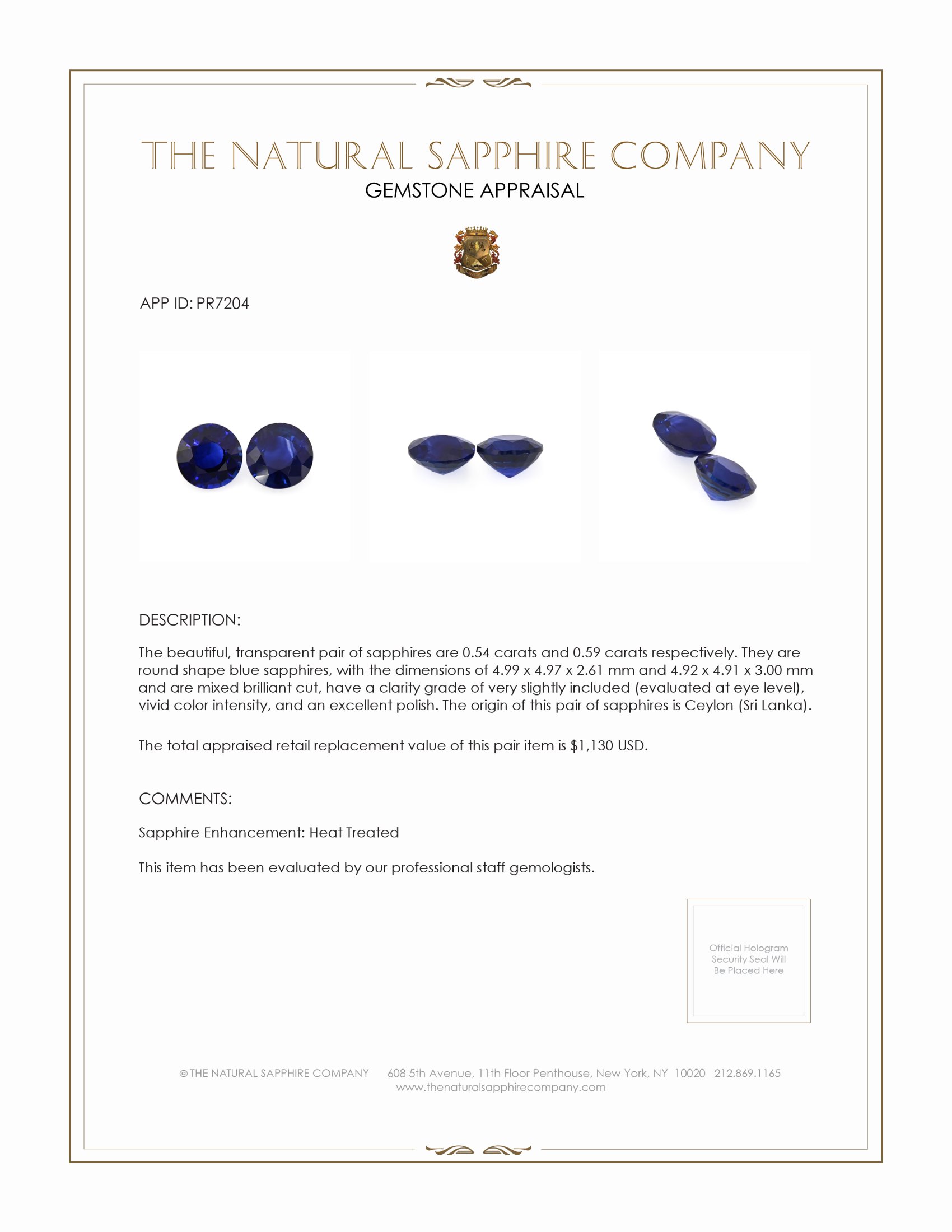 1.13 Ct.Tw. Blue Sapphire Pair from Ceylon (Sri Lanka)
