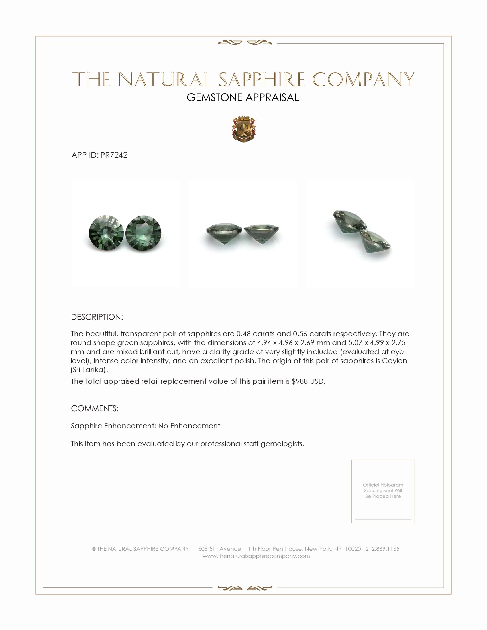 1.04 Ct.Tw. Green Sapphire Pair from Ceylon (Sri Lanka)