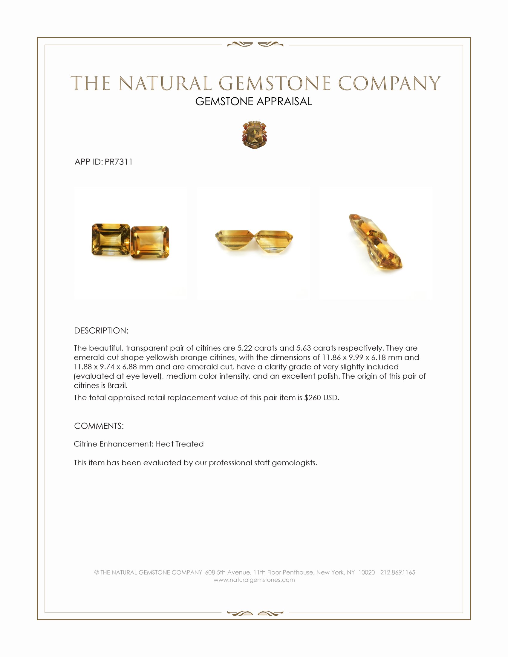 10.85 Ct.Tw. Yellowish Orange Citrine Pair from Brazil