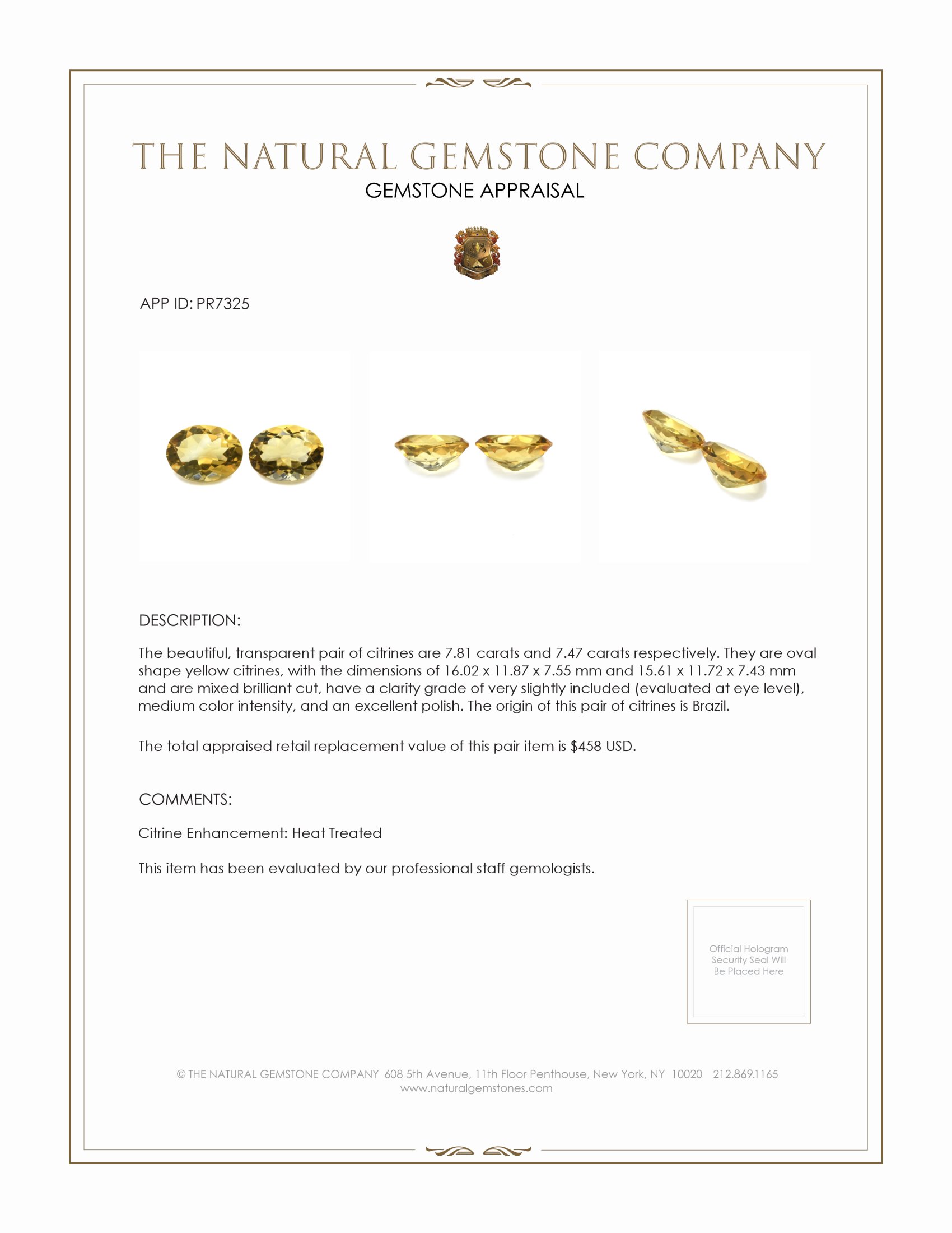 15.28 Ct.Tw. Yellow Citrine Pair from Brazil