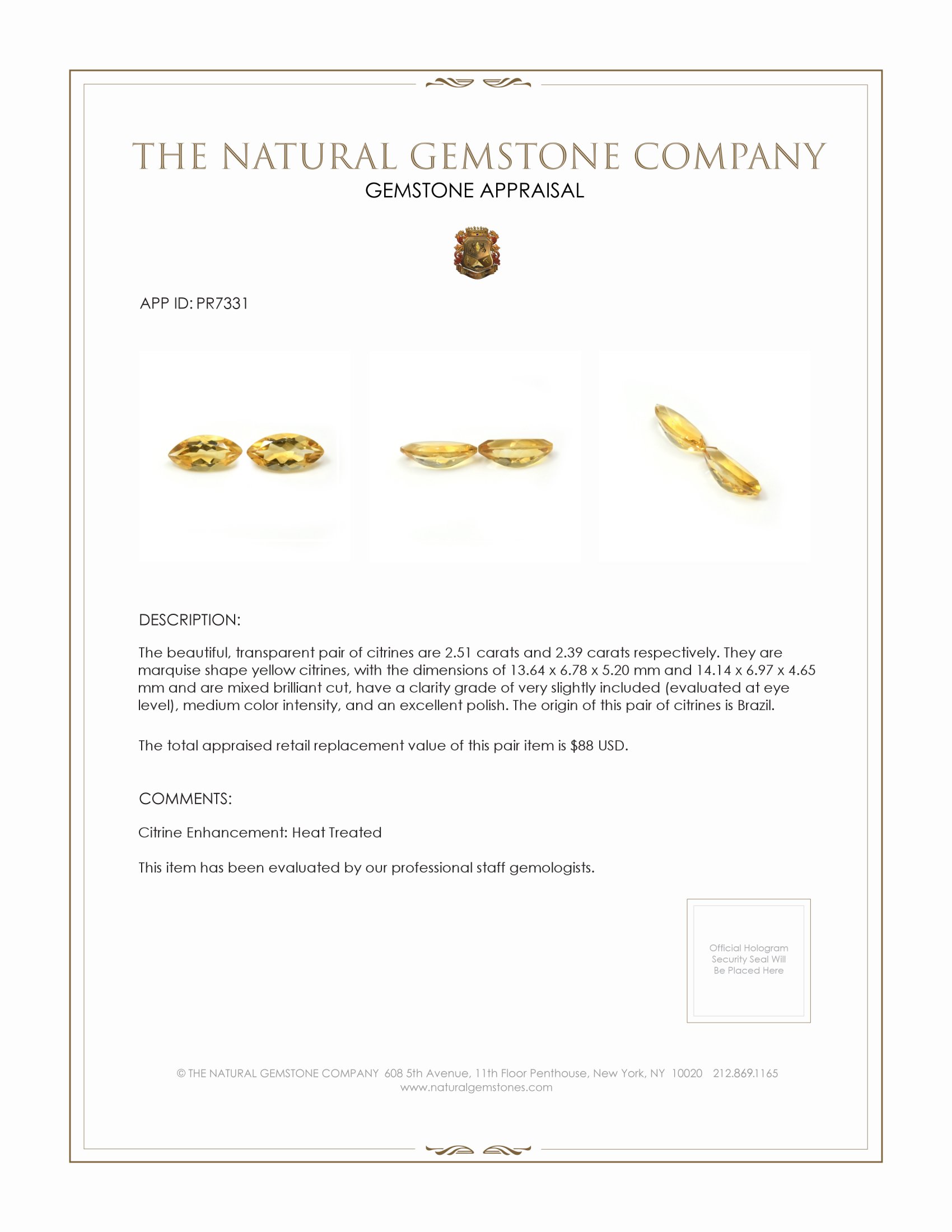 4.90 Ct.Tw. Yellow Citrine Pair from Brazil
