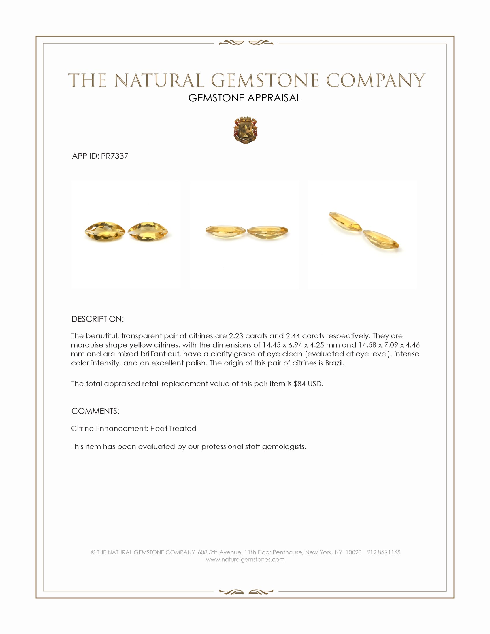 4.67 Ct.Tw. Yellow Citrine Pair from Brazil