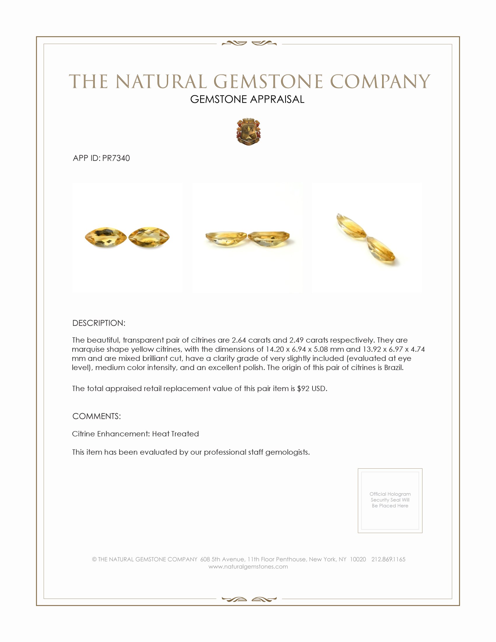 5.13 Ct.Tw. Yellow Citrine Pair from Brazil