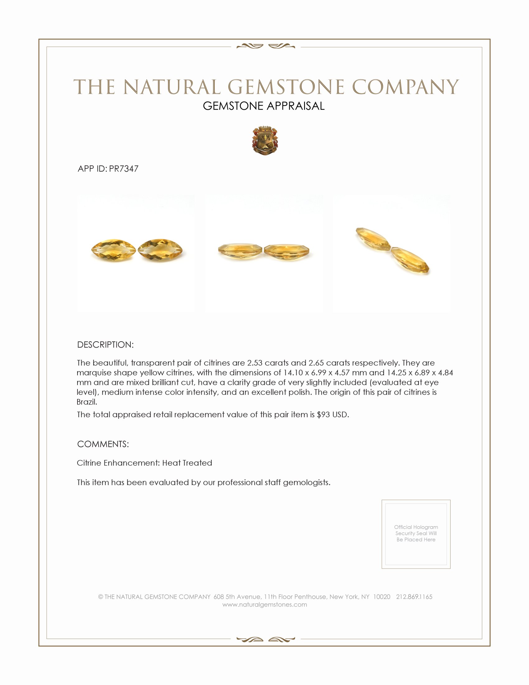 5.18 Ct.Tw. Yellow Citrine Pair from Brazil