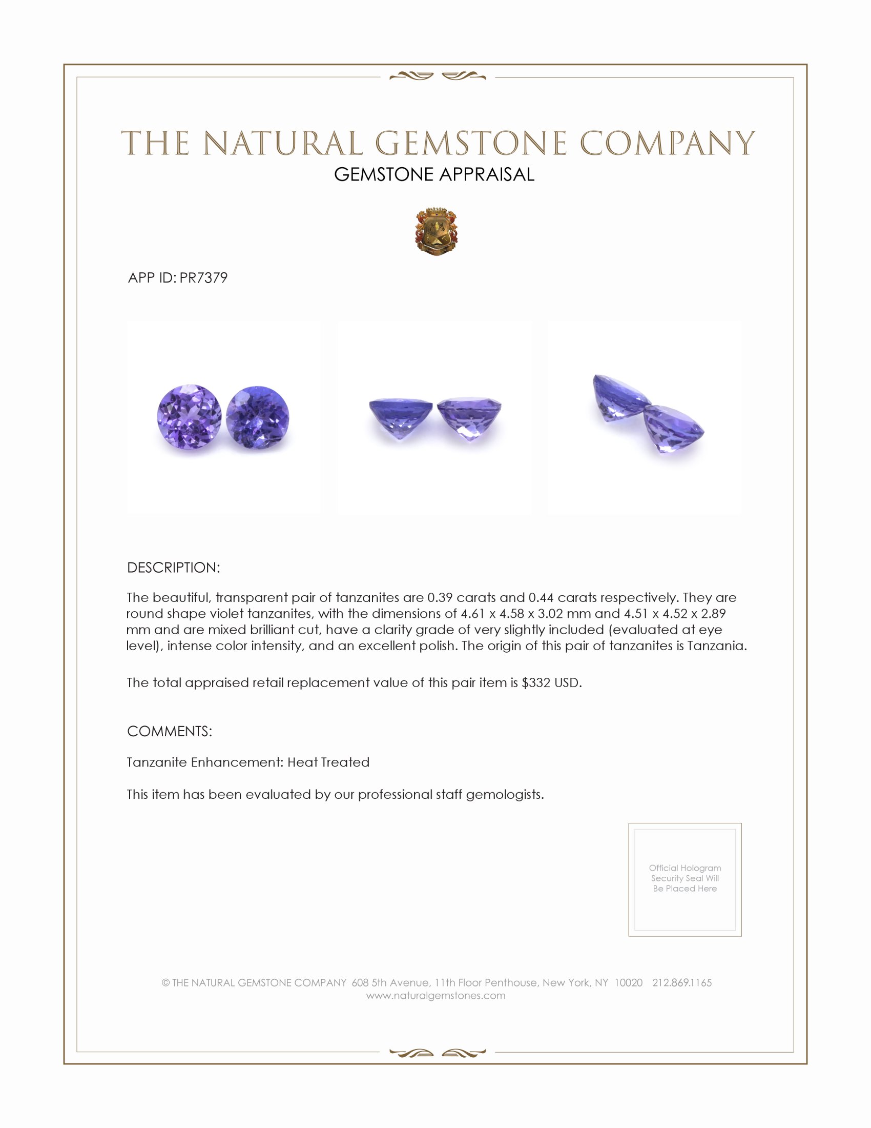 0.83 Ct.Tw. Tanzanite Pair from Tanzania