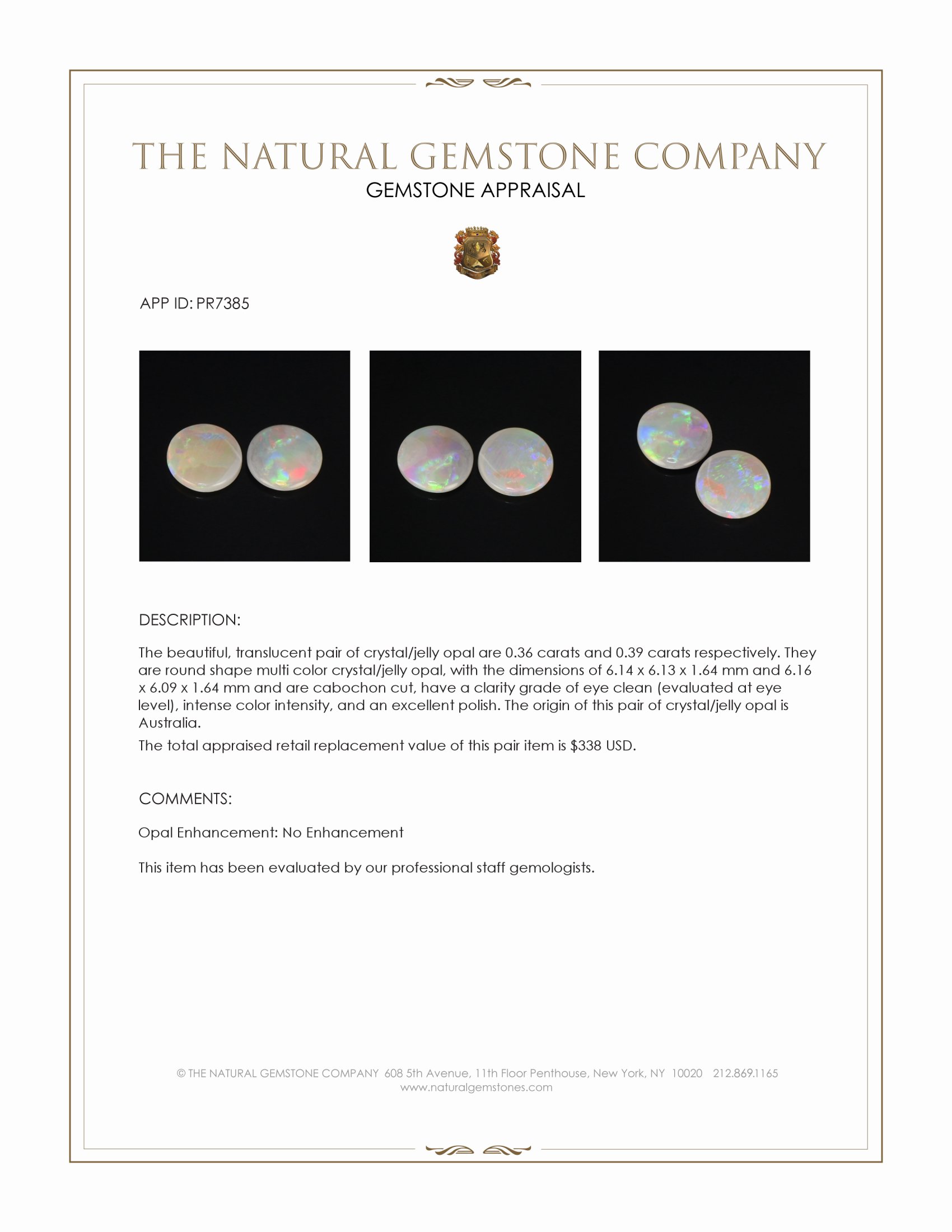 0.75 Ct.Tw. Multi Color Cabochon Crystal Opal (Jelly Opal) Pair from Australia