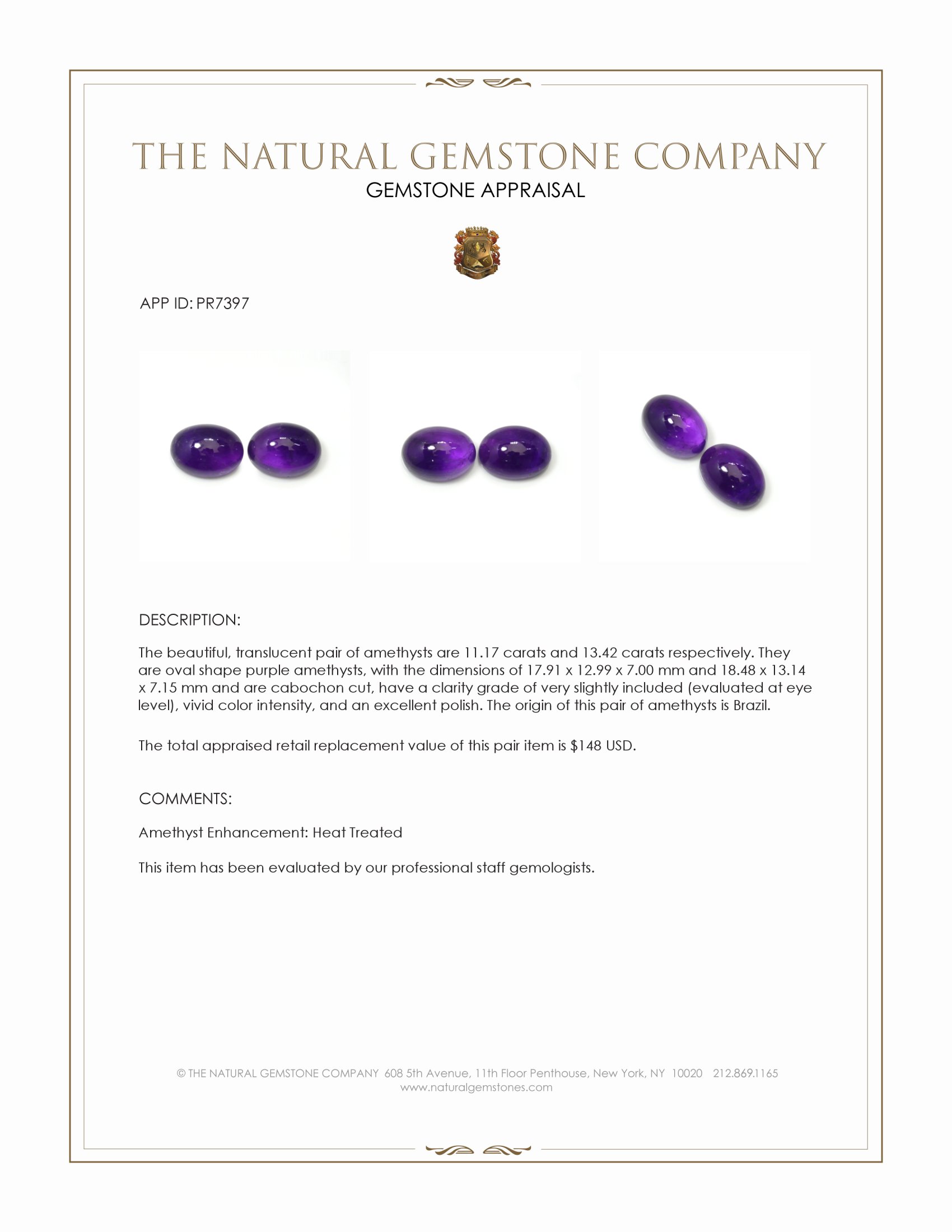 24.59 Ct.Tw. Purple Cabochon Amethyst Pair from Brazil
