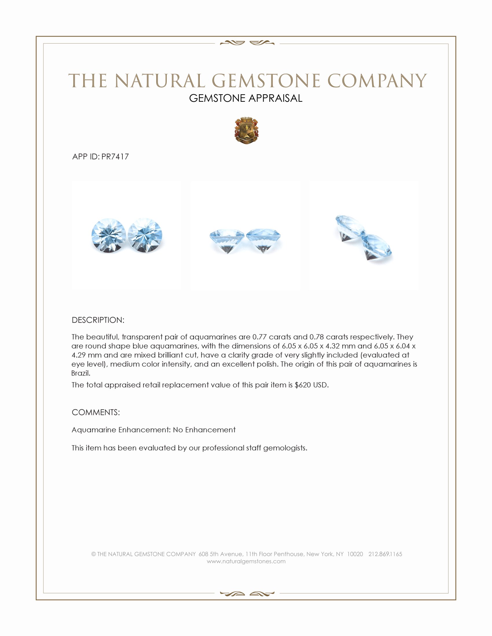 1.55 Ct.Tw. Blue Aquamarine Pair from Brazil