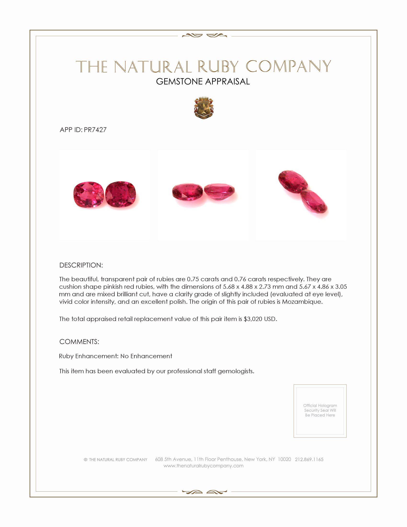 1.51 Ct.Tw. Pinkish Red Ruby Pair from Mozambique